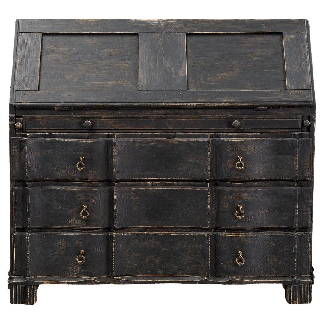 18th Century Black Swedish Gustavian One Part Pine Bureau - Antique Secretary For Sale