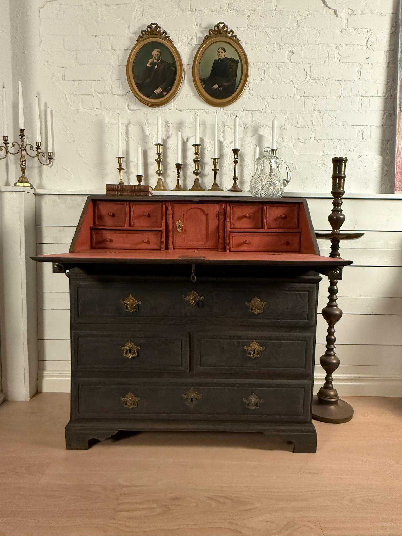 18th Century Black Swedish Oak Bureau - Antique Drop Front Secretary For Sale 8