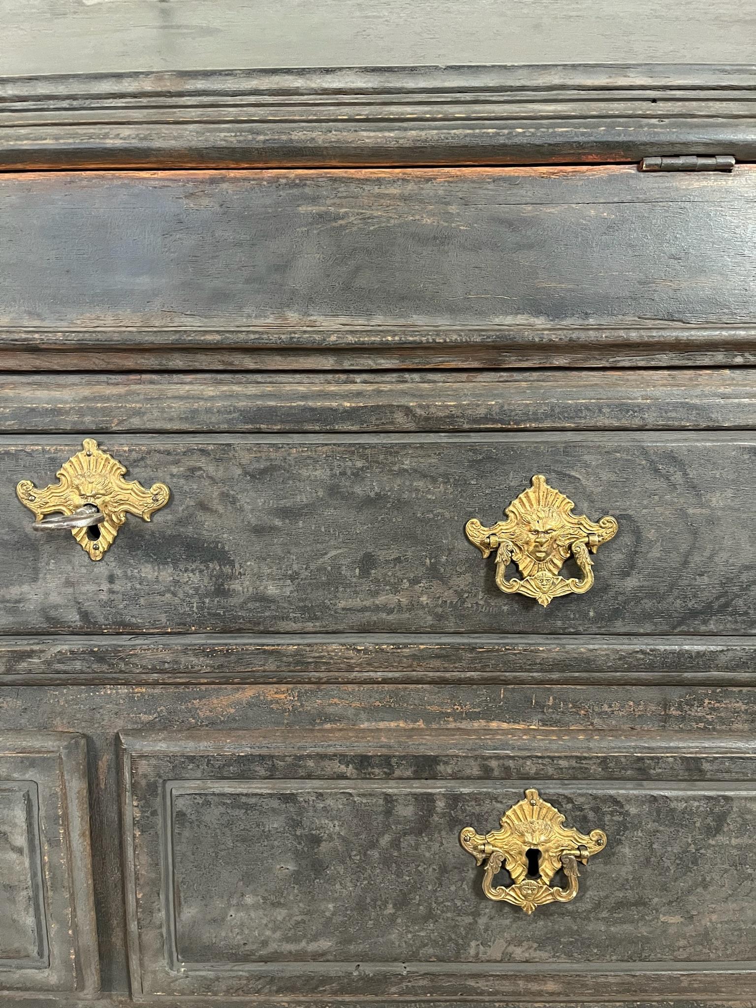 Rococo 18th Century Black Swedish Oak Bureau - Antique Drop Front Secretary For Sale