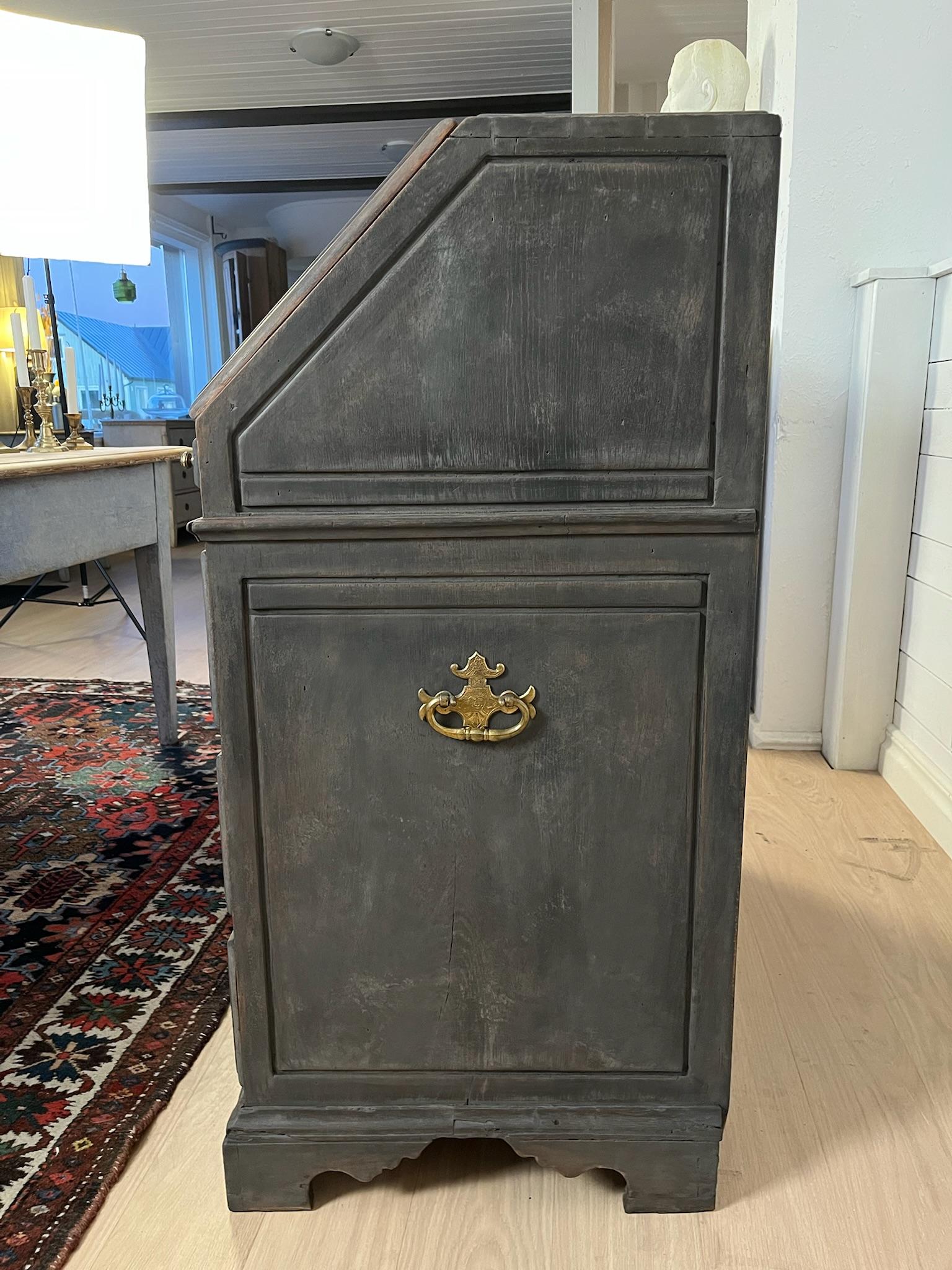 Brass 18th Century Black Swedish Oak Bureau - Antique Drop Front Secretary For Sale