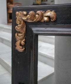 18th Century Black Wooden Frame with Gilt Acanthus Leaf Carvings in Corners