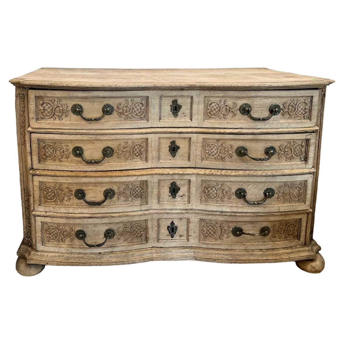 18th Century Bleached Oak Chest with Liege Carving For Sale