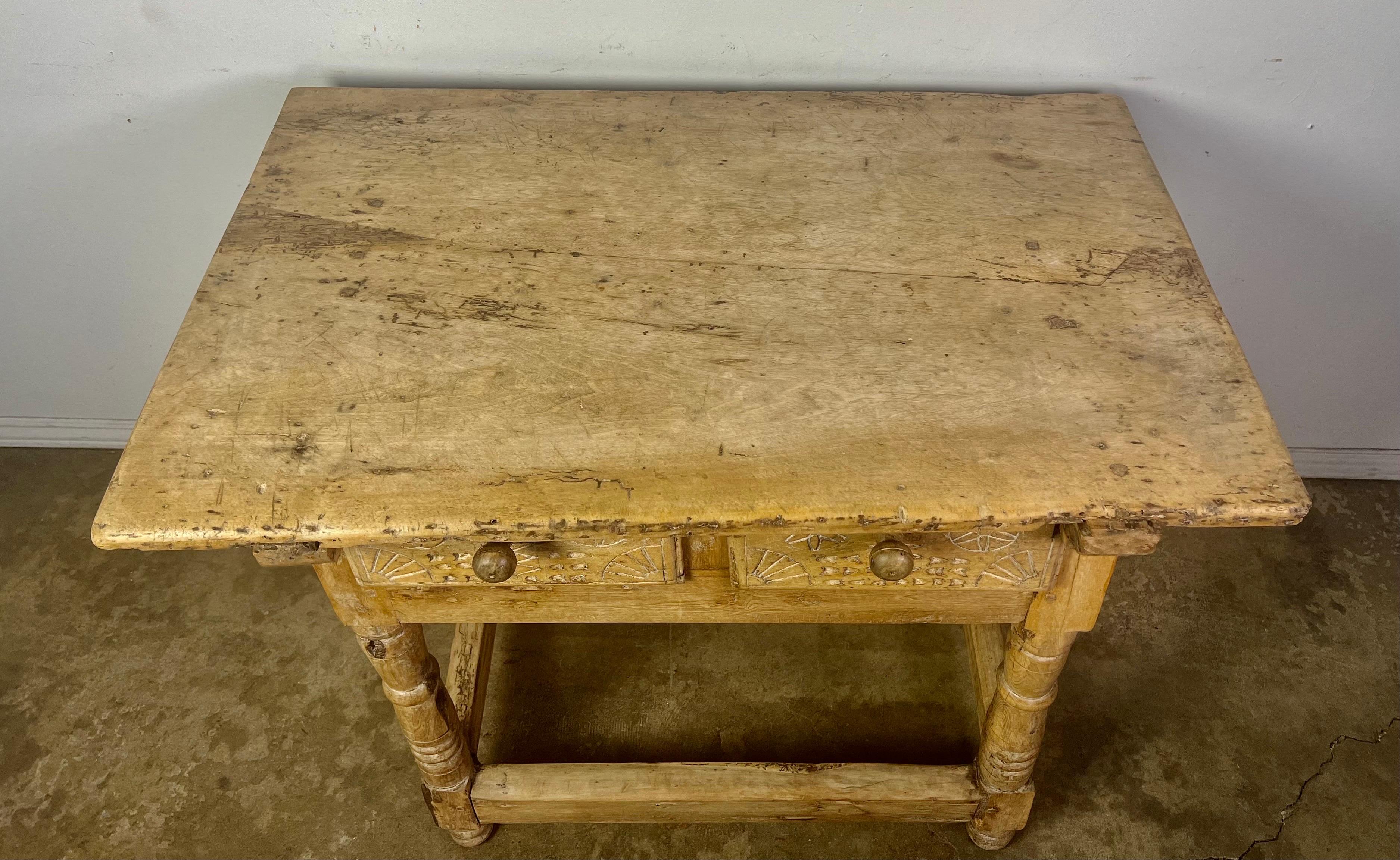 18th Century Bleached Walnut Spanish Colonial Table with Two Drawers In Distressed Condition For Sale In Los Angeles, CA