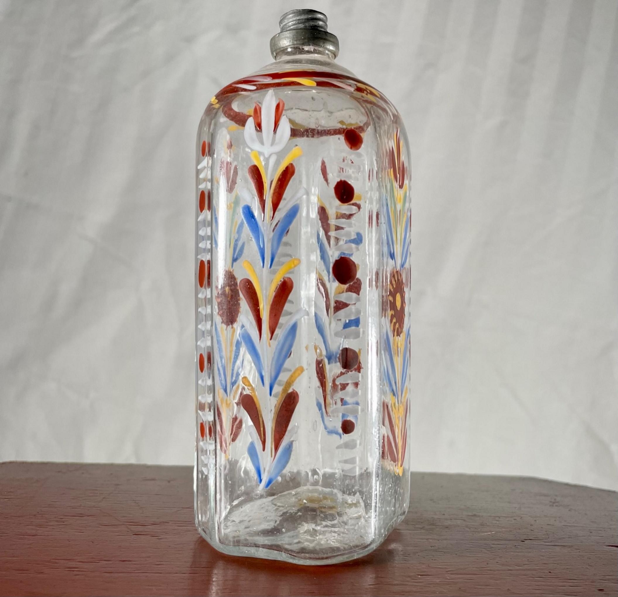 Bohemian 18th Century Blown Glass Enameled Stiegel Type Flask.