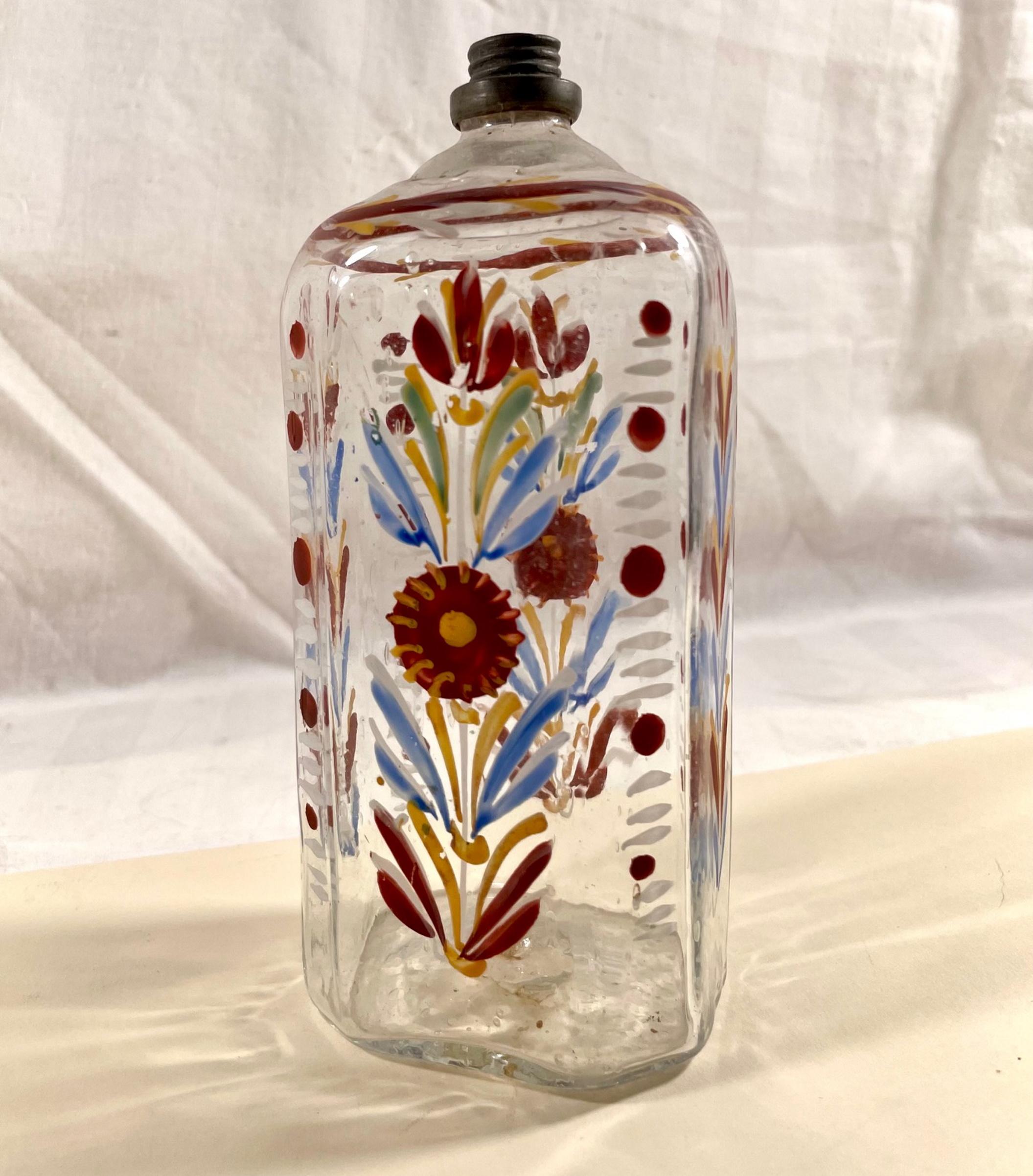 Czech 18th Century Blown Glass Enameled Stiegel Type Flask.