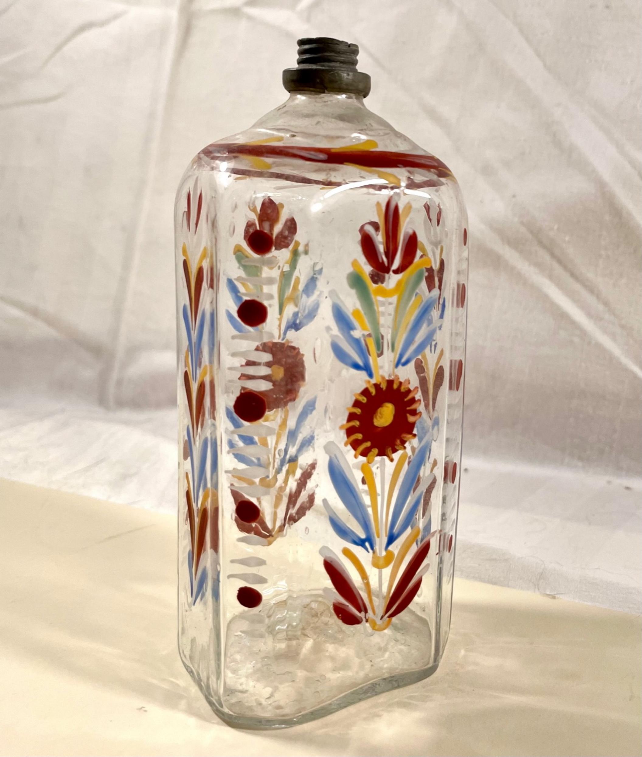 18th Century Blown Glass Enameled Stiegel Type Flask. In Good Condition In Vero Beach, FL