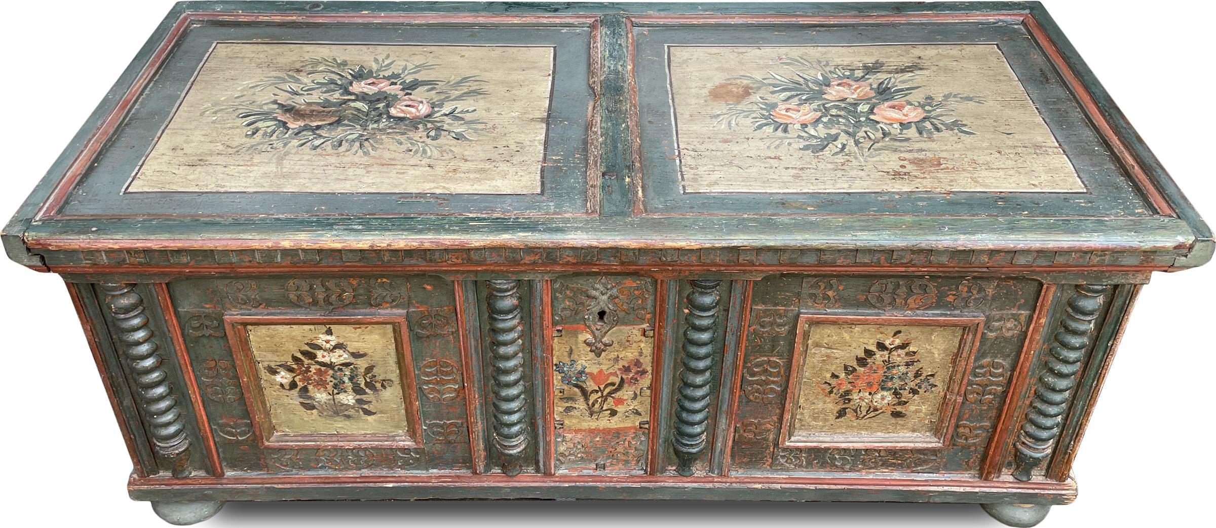 18th Century Blu/Green Floral Painted Blanket Chest 4