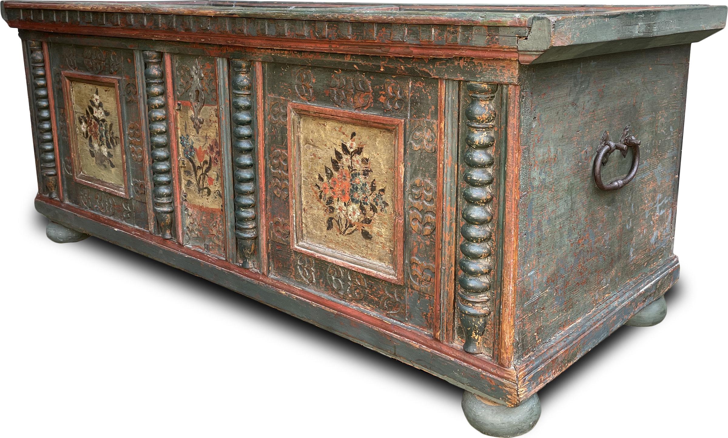 18th Century Blu/Green Floral Painted Blanket Chest 3
