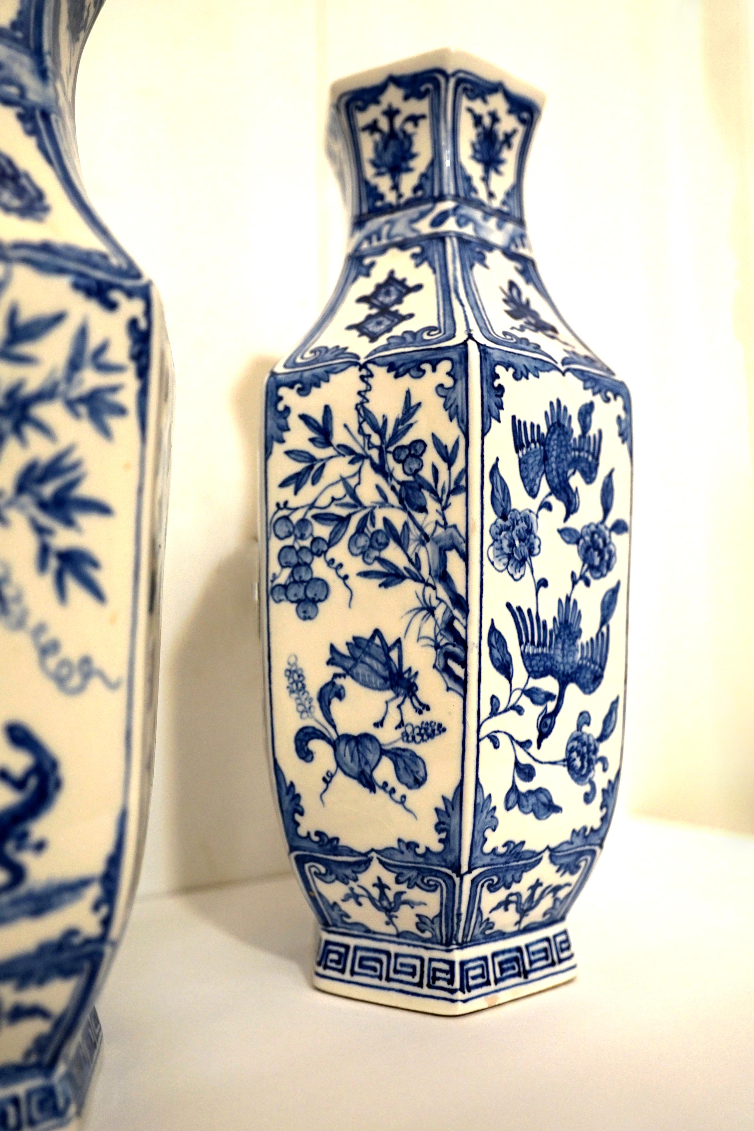 Dutch 18th Century Blue and White Continental Chinoiserie Porcelain Hexagonal Vases