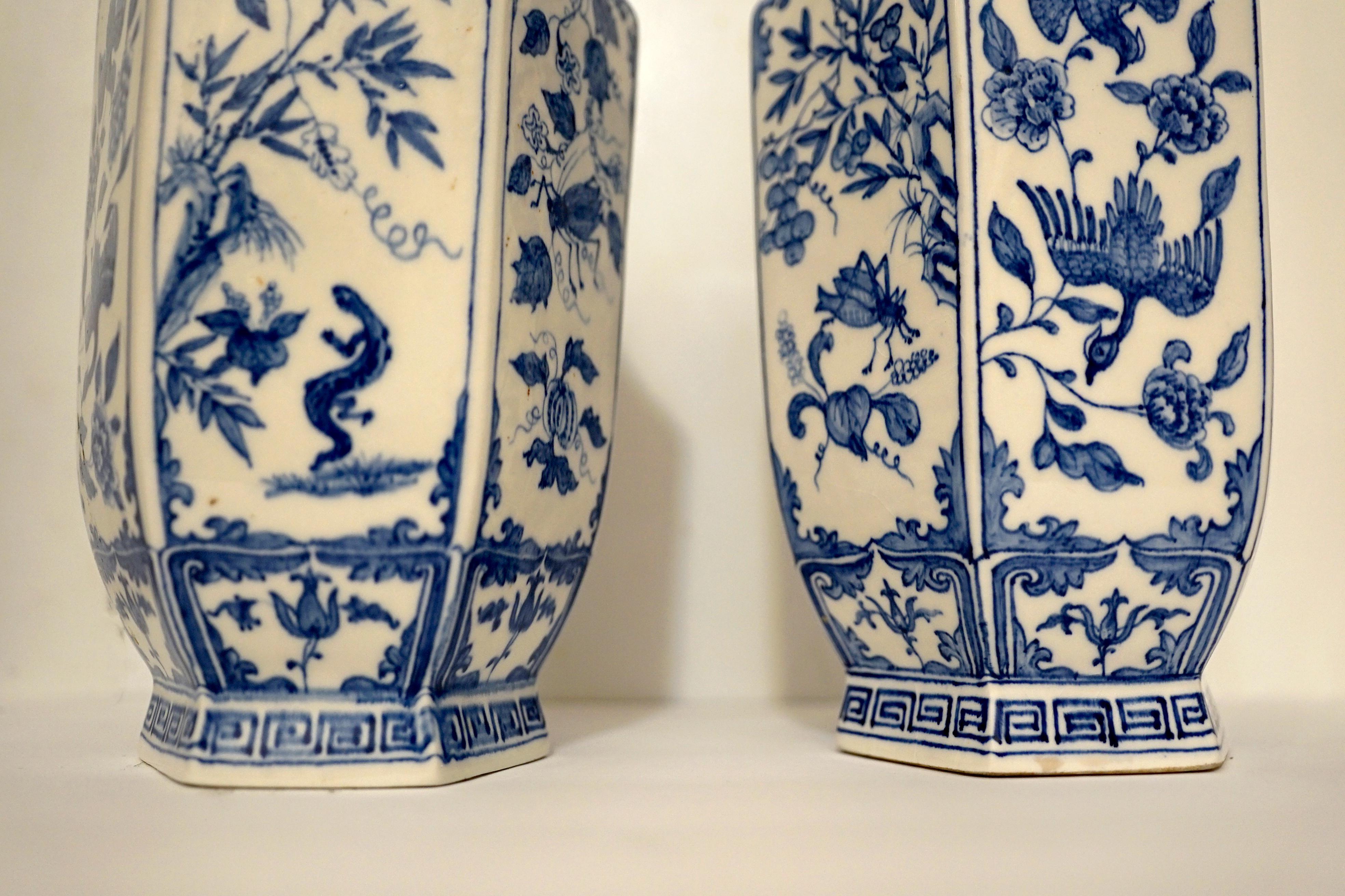 Glazed 18th Century Blue and White Continental Chinoiserie Porcelain Hexagonal Vases