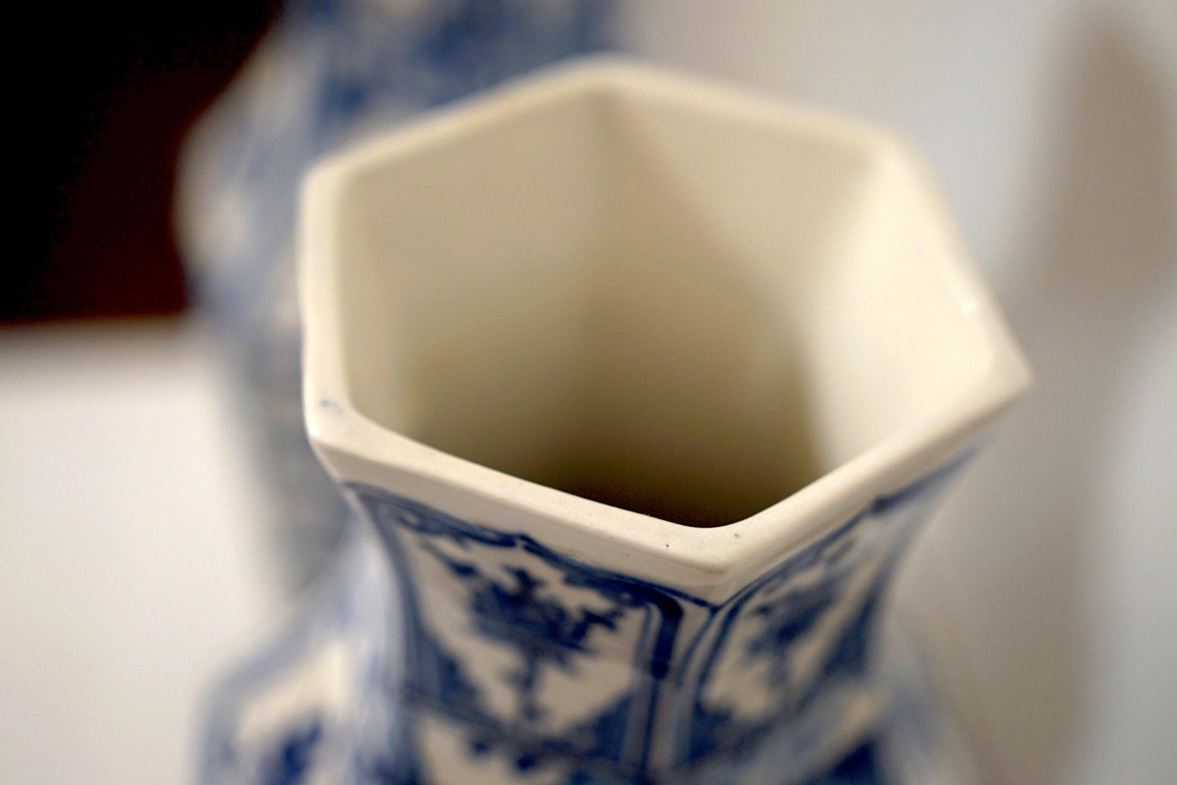 18th Century Blue and White Continental Chinoiserie Porcelain Hexagonal Vases 1