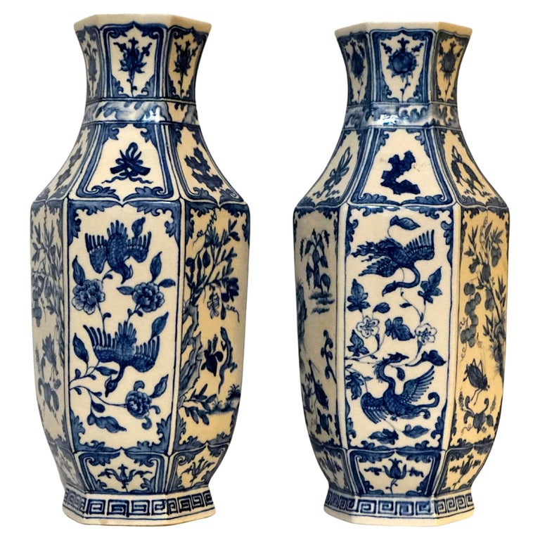 18th Century Blue and White Continental Chinoiserie Porcelain Hexagonal Vases For Sale at 1stDibs