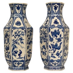 Antique 18th Century Blue and White Continental Chinoiserie Porcelain Hexagonal Vases