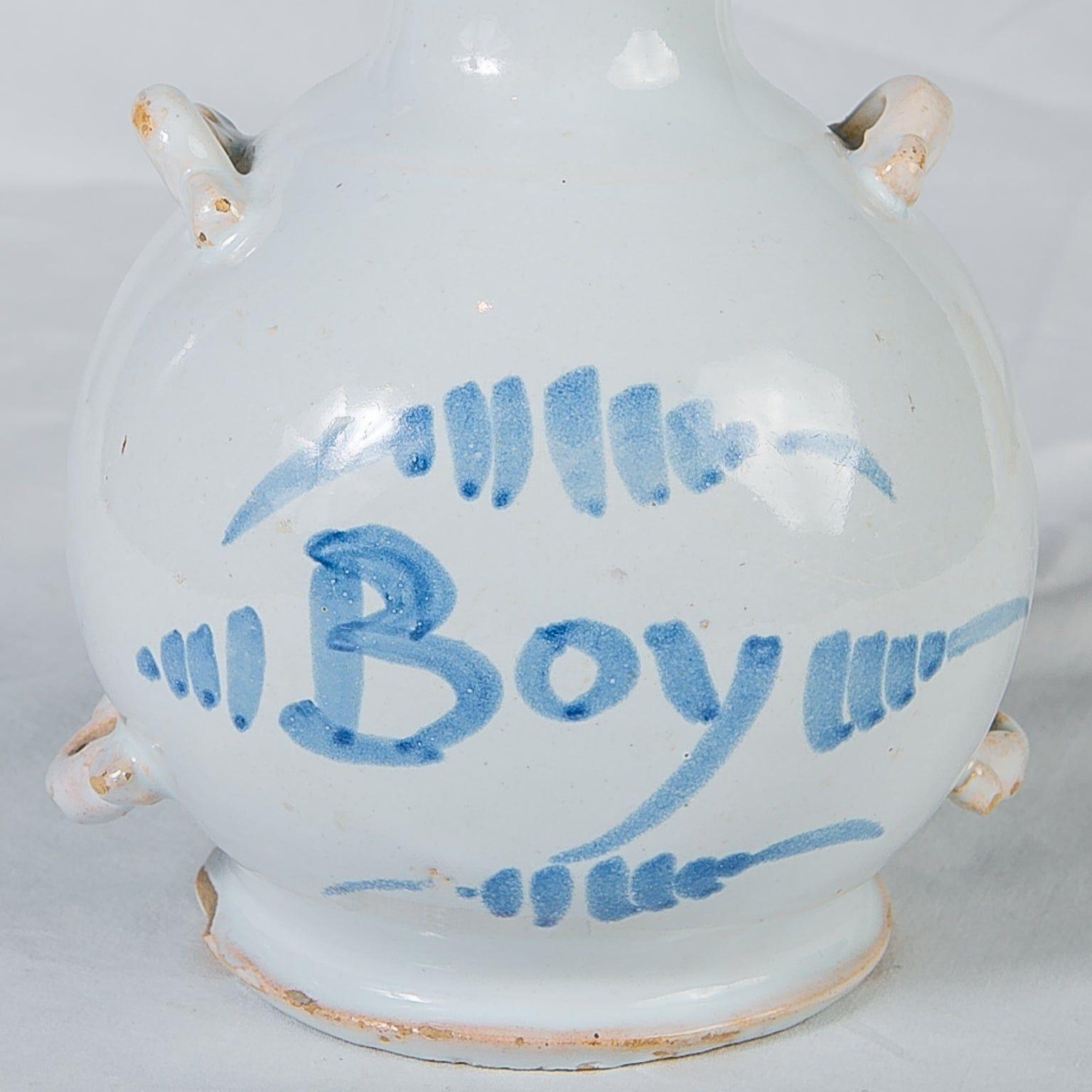 Peint à la main Bouteille de Delft bleue et blanche du 18ème siècle portant l'inscription 