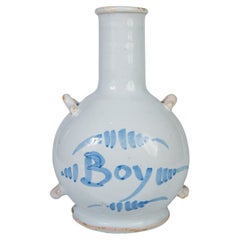 Antique 18th Century Blue and White Delft Bottle Inscribed 'Boy' Hand-Painted Circa 1750