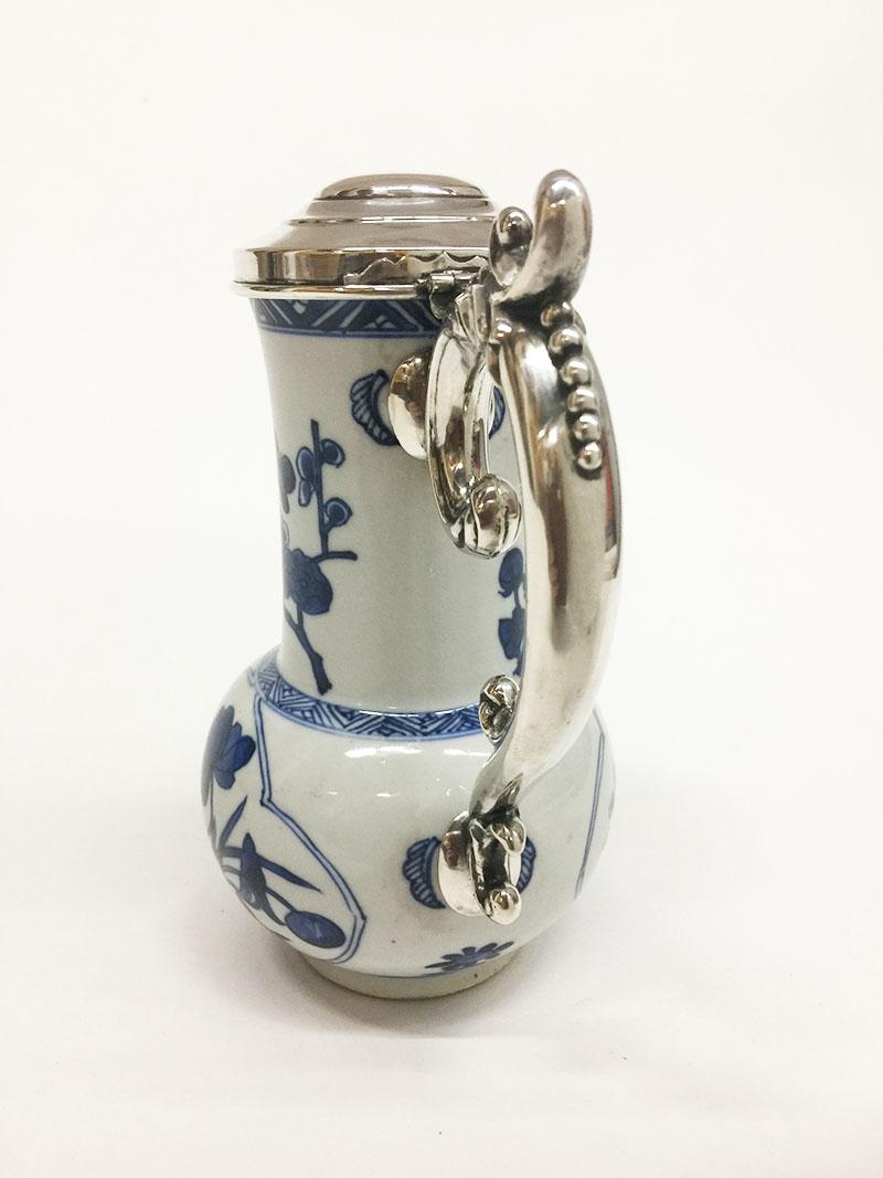 18th Century and Earlier 18th Century Blue and White Porcelain and Silver Chinese Jug, Kangxi, 1662-1722 For Sale