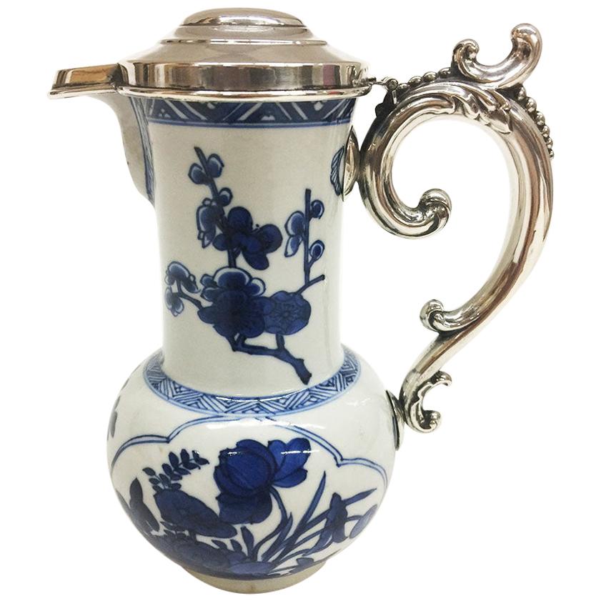 18th Century Blue and White Porcelain and Silver Chinese Jug, Kangxi, 1662-1722 For Sale