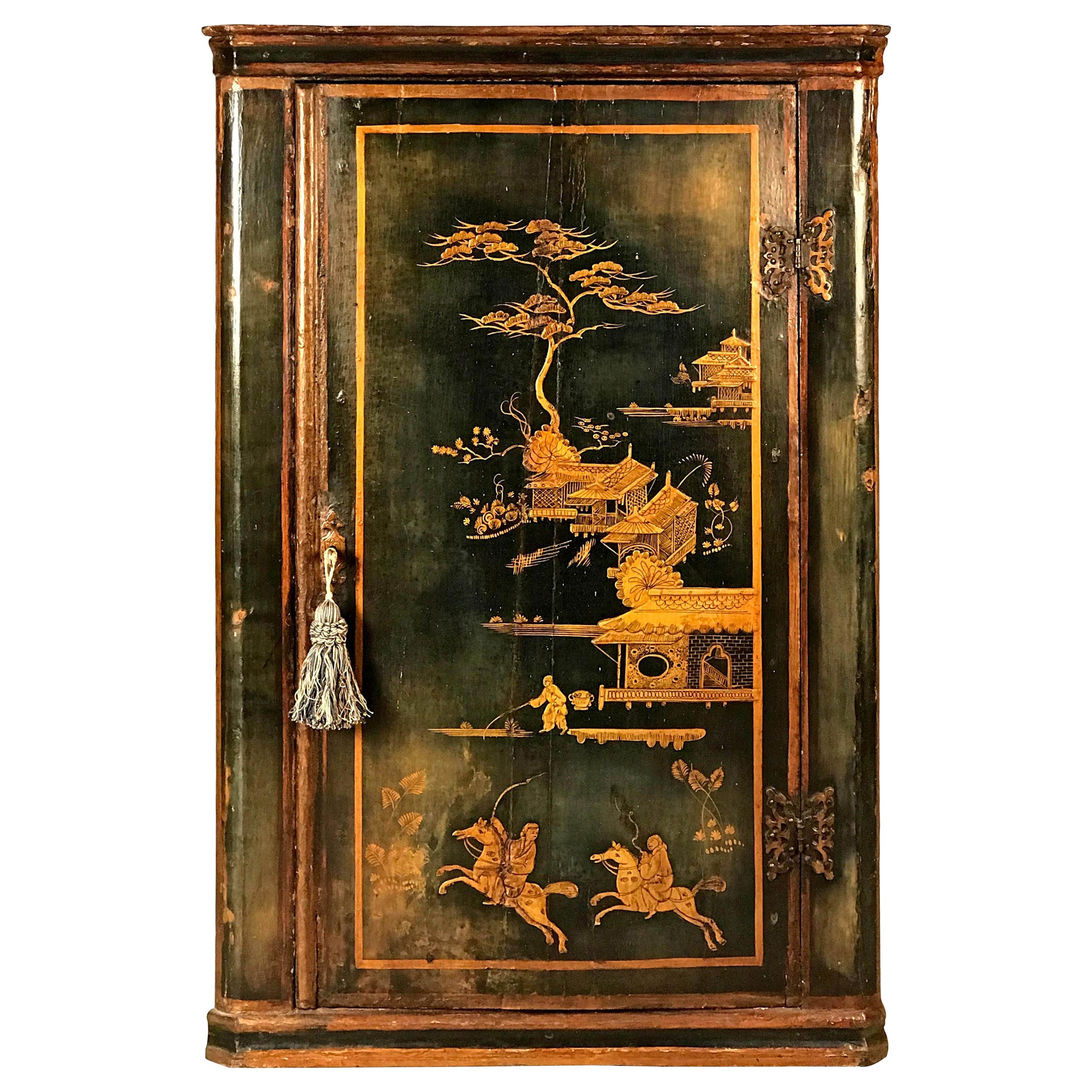 18th Century Blue Chinoiserie Japanned Corner Cupboard