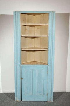 18th Century Blue Painted Two Piece Corner Cupboard