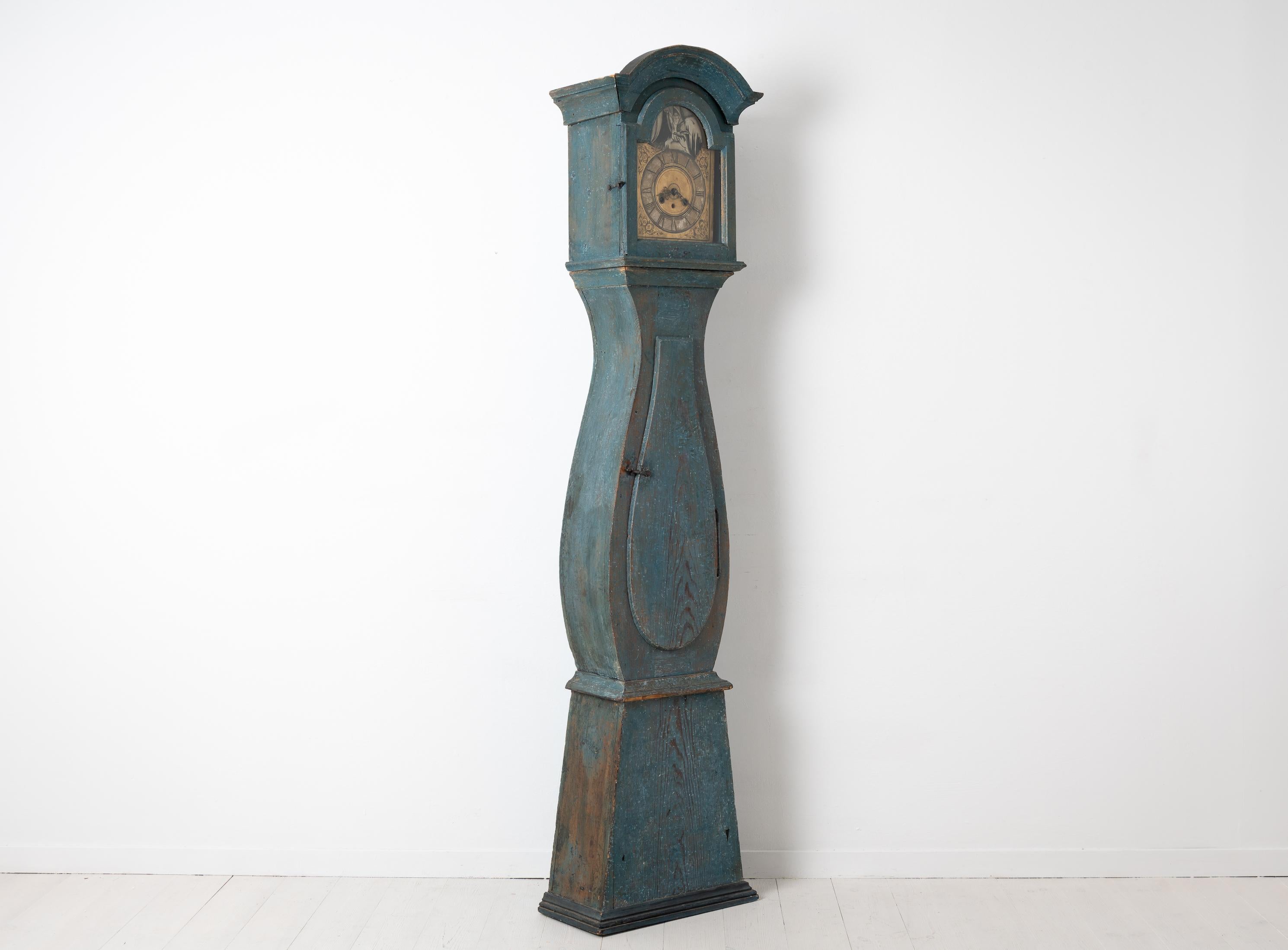 Pine 18th Century Blue Swedish Baroque Long Case Clock For Sale