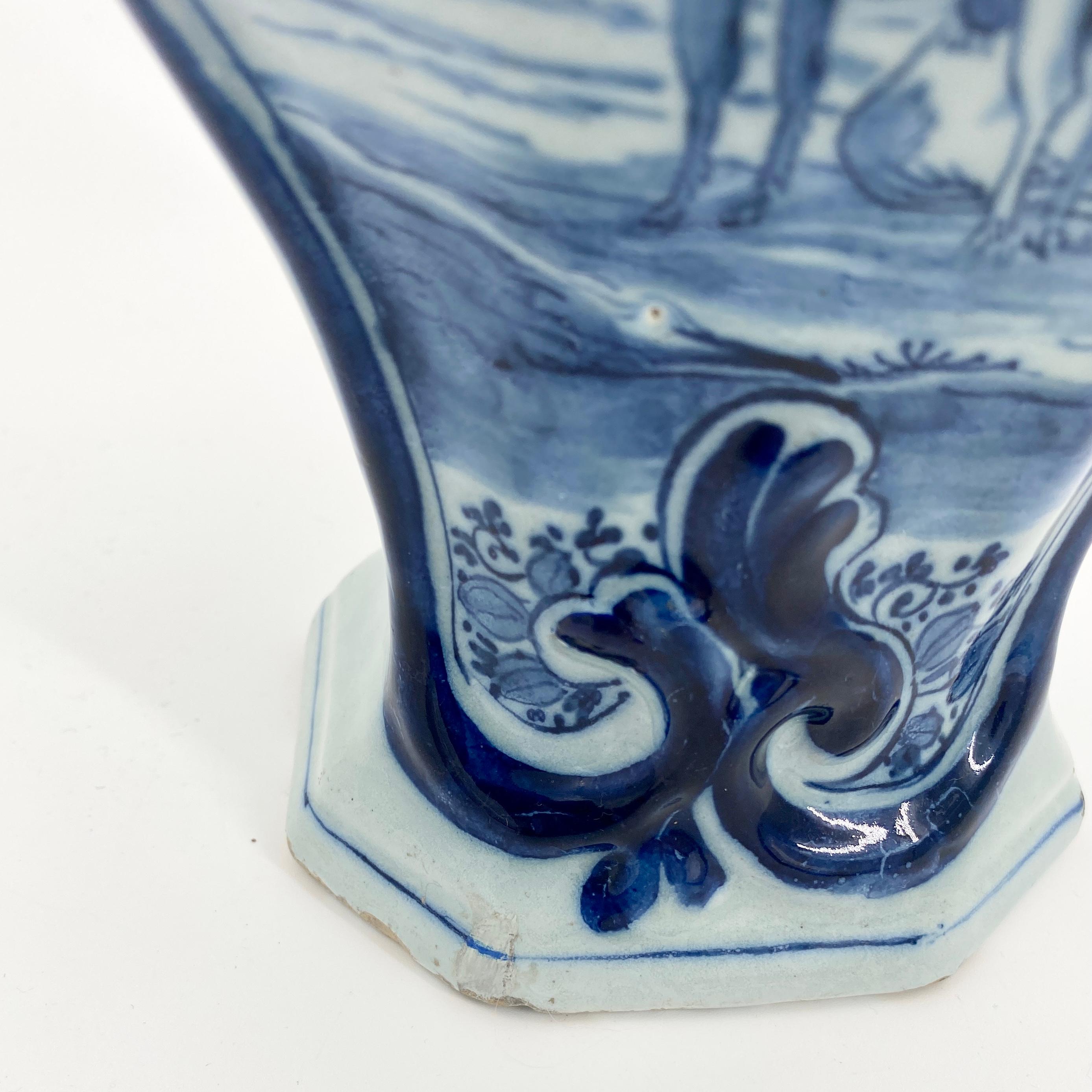 18th Century Blue & White Delft Vase with a Large Cow Scenery 6