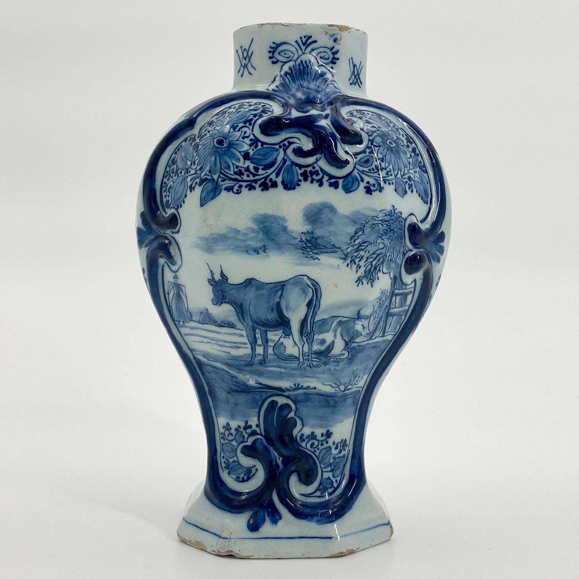 Folk Art 18th Century Blue & White Delft Vase with a Large Cow Scenery