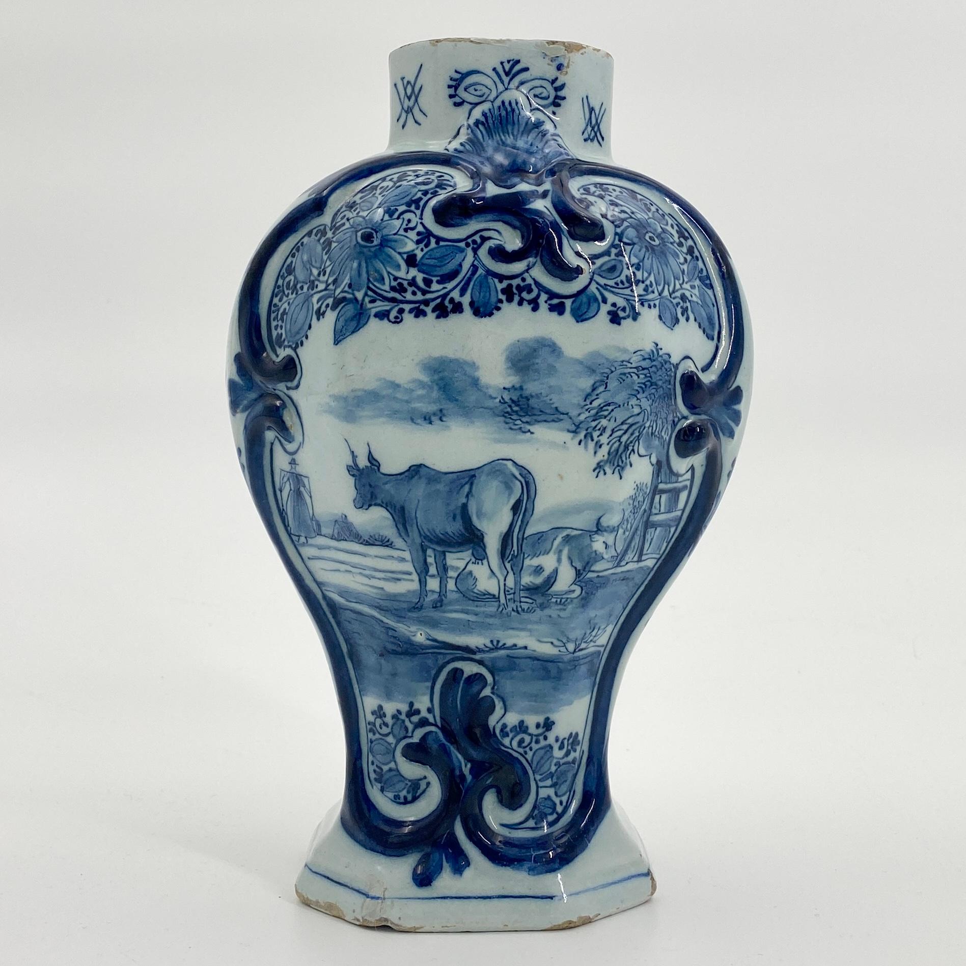 Folk Art 18th Century Blue & White Delft Vase with a Large Cow Scenery