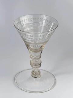 18th Century Bohemian Engraved Wine Glass, Hand Blown Antique, 6.5in