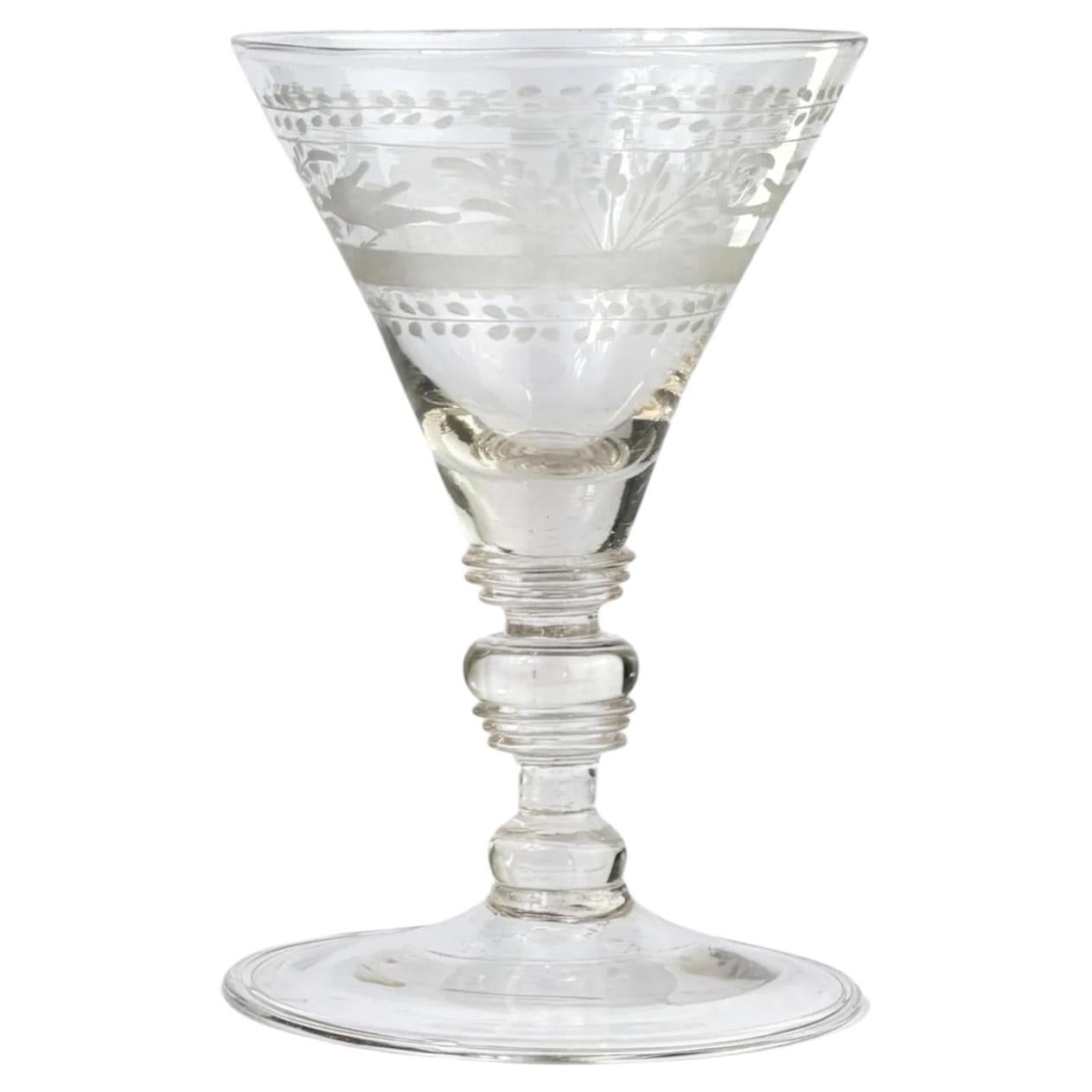 18th Century Bohemian Engraved Wine Glass, Hand Blown Antique, 6.5in