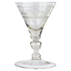 18th Century Bohemian Engraved Wine Glass, Hand Blown Antique, 6.5in