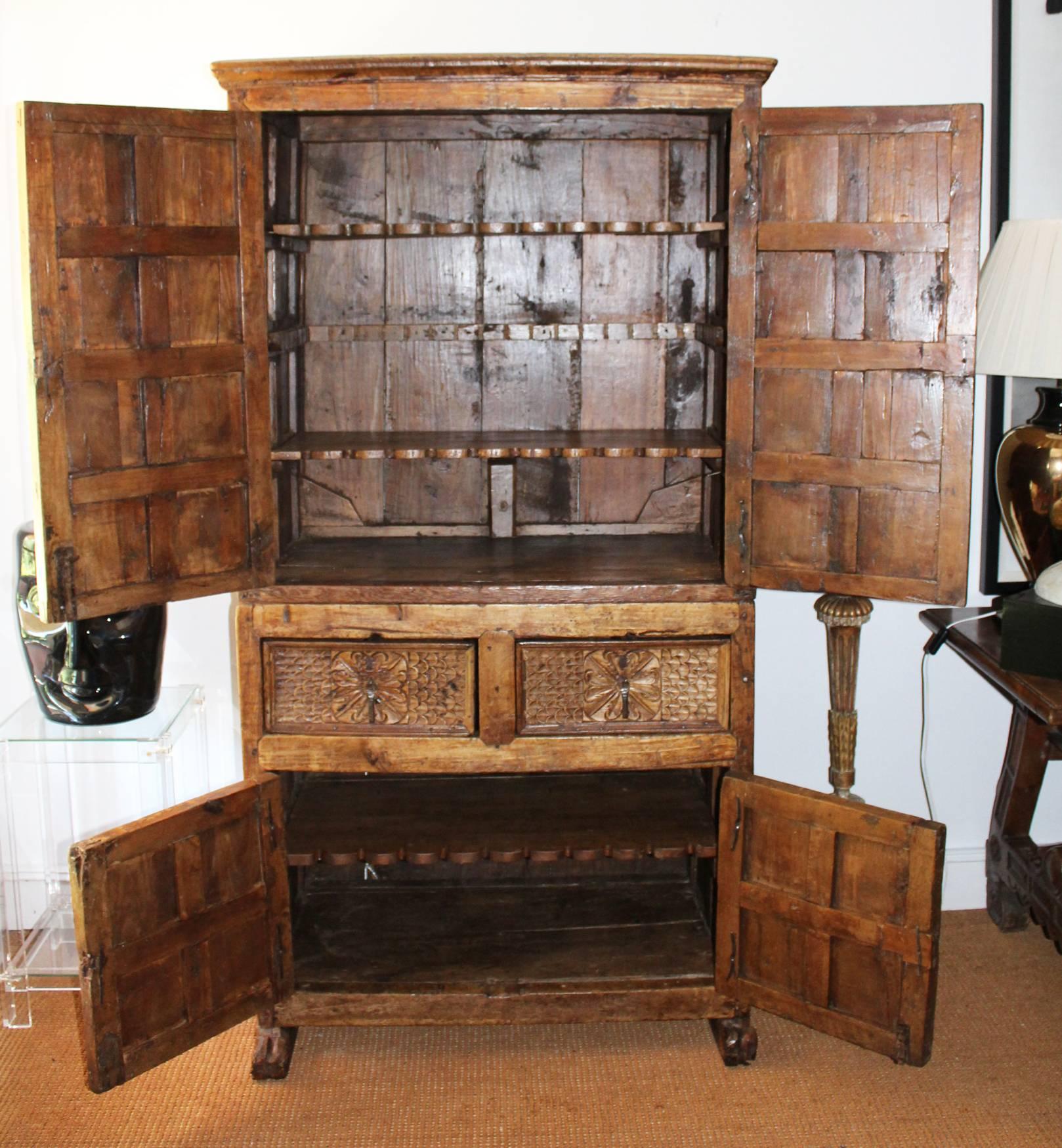 18th Century and Earlier 18th Century Bolivian Fruitwood Hand-Carved Colonial Cabinet