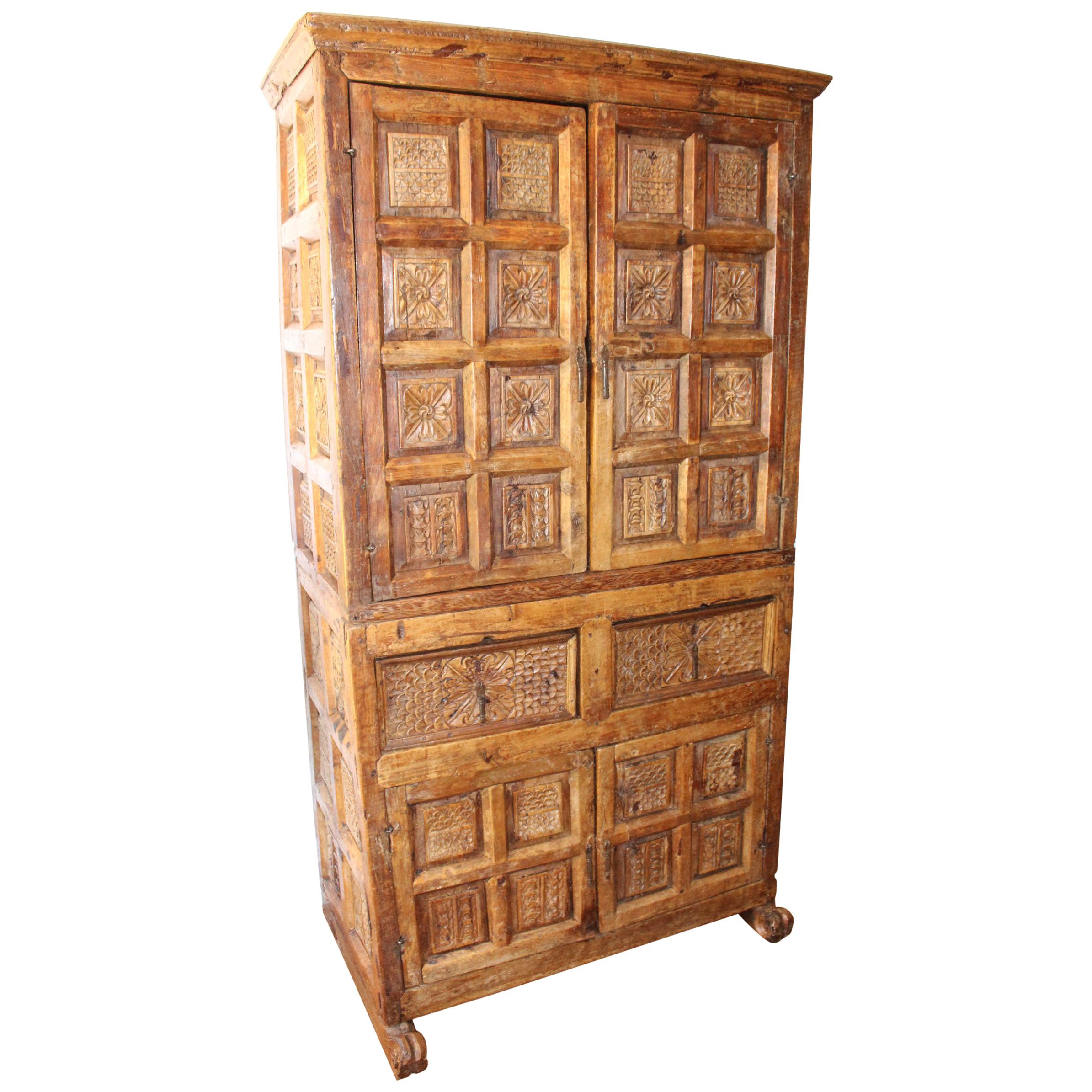 18th Century Bolivian Fruitwood Hand-Carved Colonial Cabinet For Sale