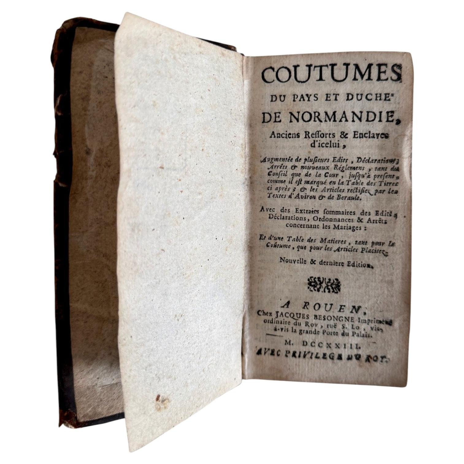 18th-century book, *Coutumes du Pays et Duché de Normandie*, Rouen