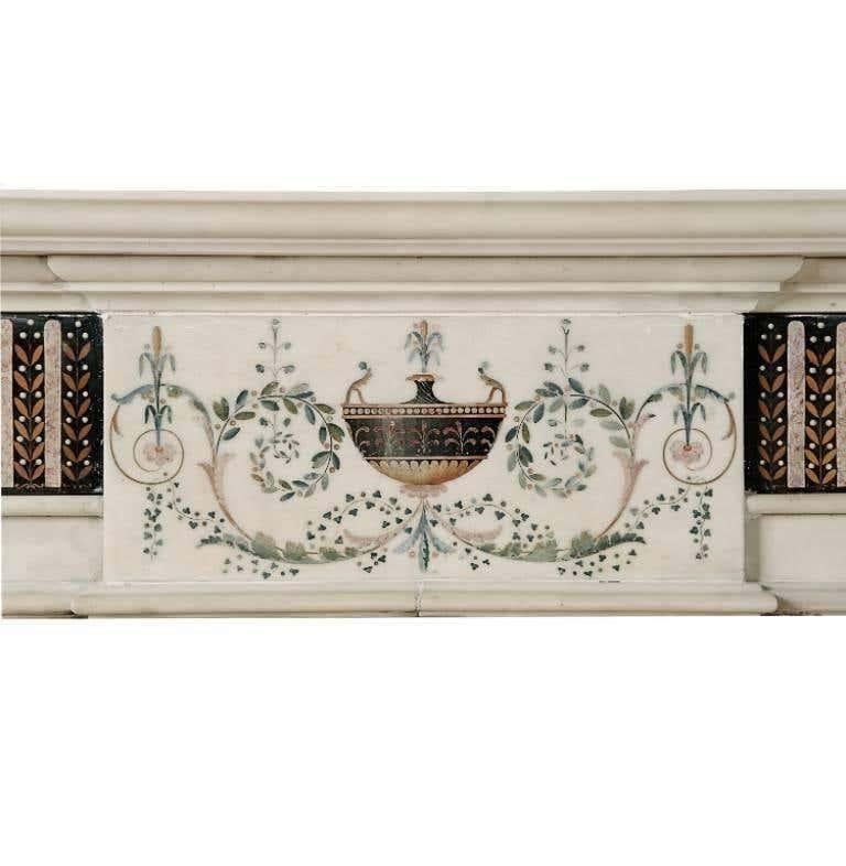 18th Century Bossi Hand-Carved Statuary Marble Fireplace with Scagliola Inlay For Sale 4