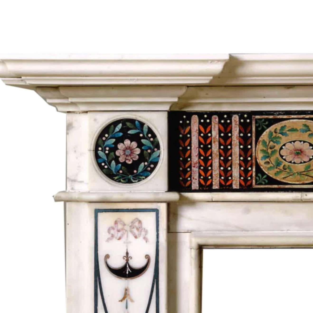 British 18th Century Bossi Hand-Carved Statuary Marble Fireplace with Scagliola Inlay For Sale