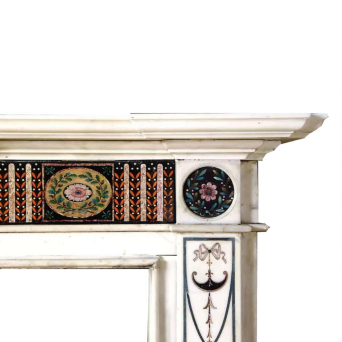 18th Century Bossi Hand-Carved Statuary Marble Fireplace with Scagliola Inlay In Good Condition For Sale In Southall, GB