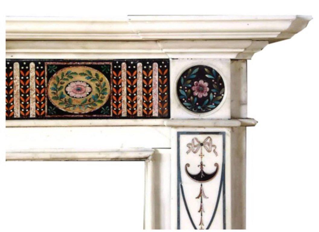 18th Century Bossi Hand-Carved Statuary Marble Fireplace with Scagliola Inlay For Sale 2