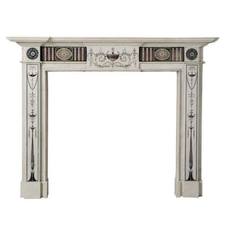 18th Century Bossi Hand-Carved Statuary Marble Fireplace with Scagliola Inlay For Sale 3