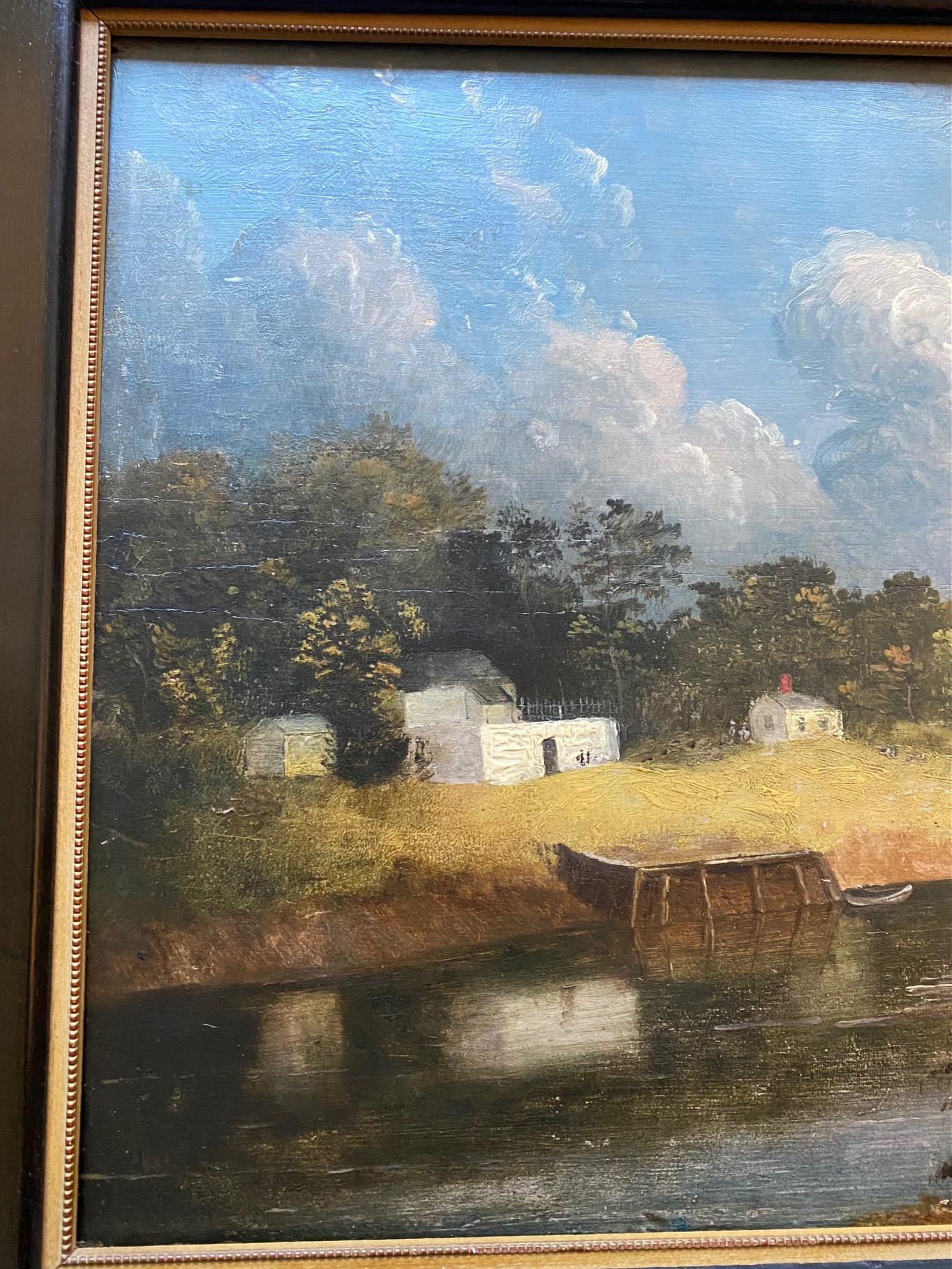 Peinture de paysage de Boston du début du XIXe siècle, signée et datée par l'artiste bostonien J. Wolcott, 18_9, une peinture de paysage à l'huile sur panneau représentant une rivière serpentant à travers une campagne rurale, avec une inscription