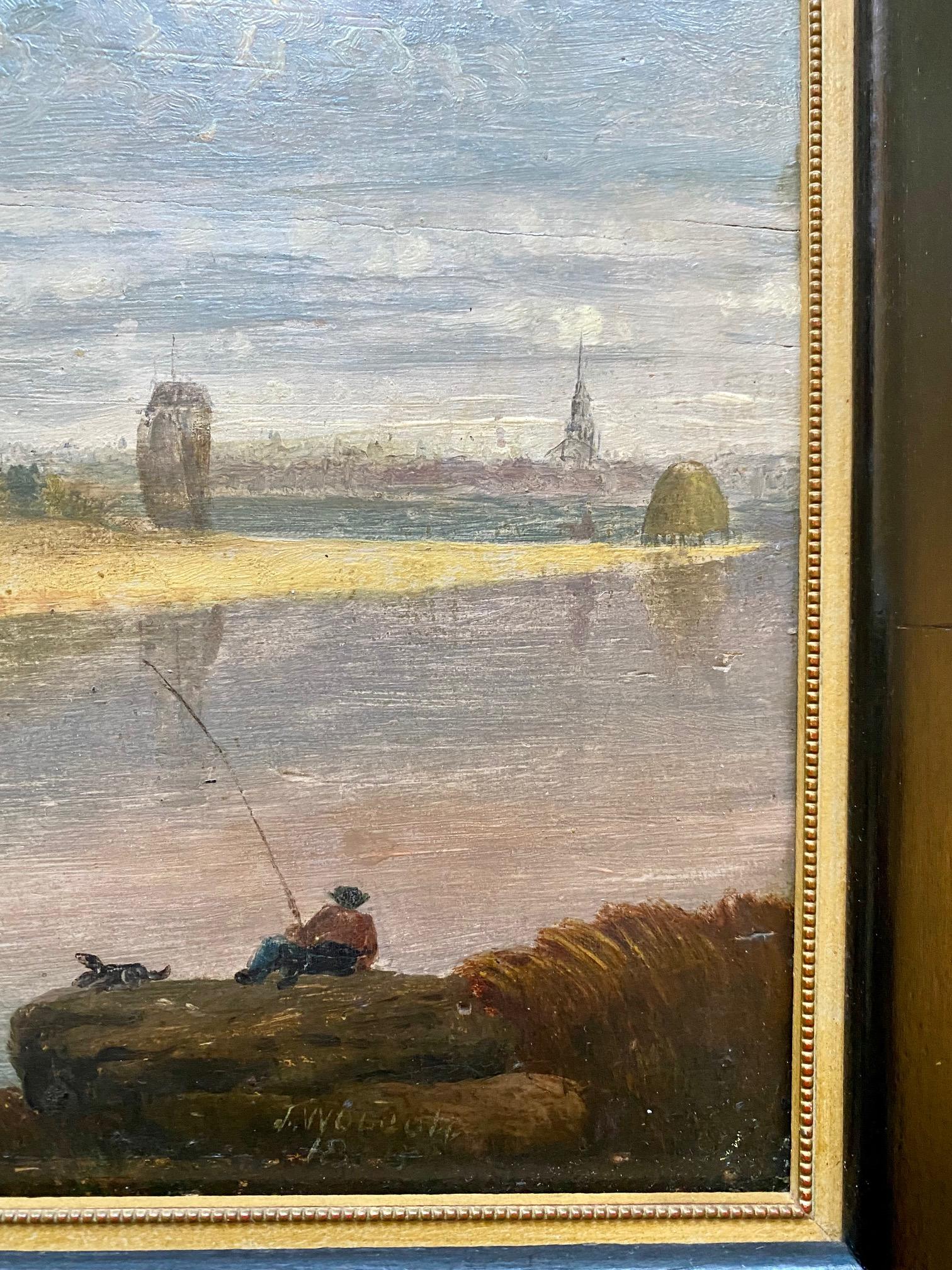XIXe siècle Peinture de paysage du début du 19e siècle sur la rivière Charles de Boston par J. Wolcott, 18_9 en vente