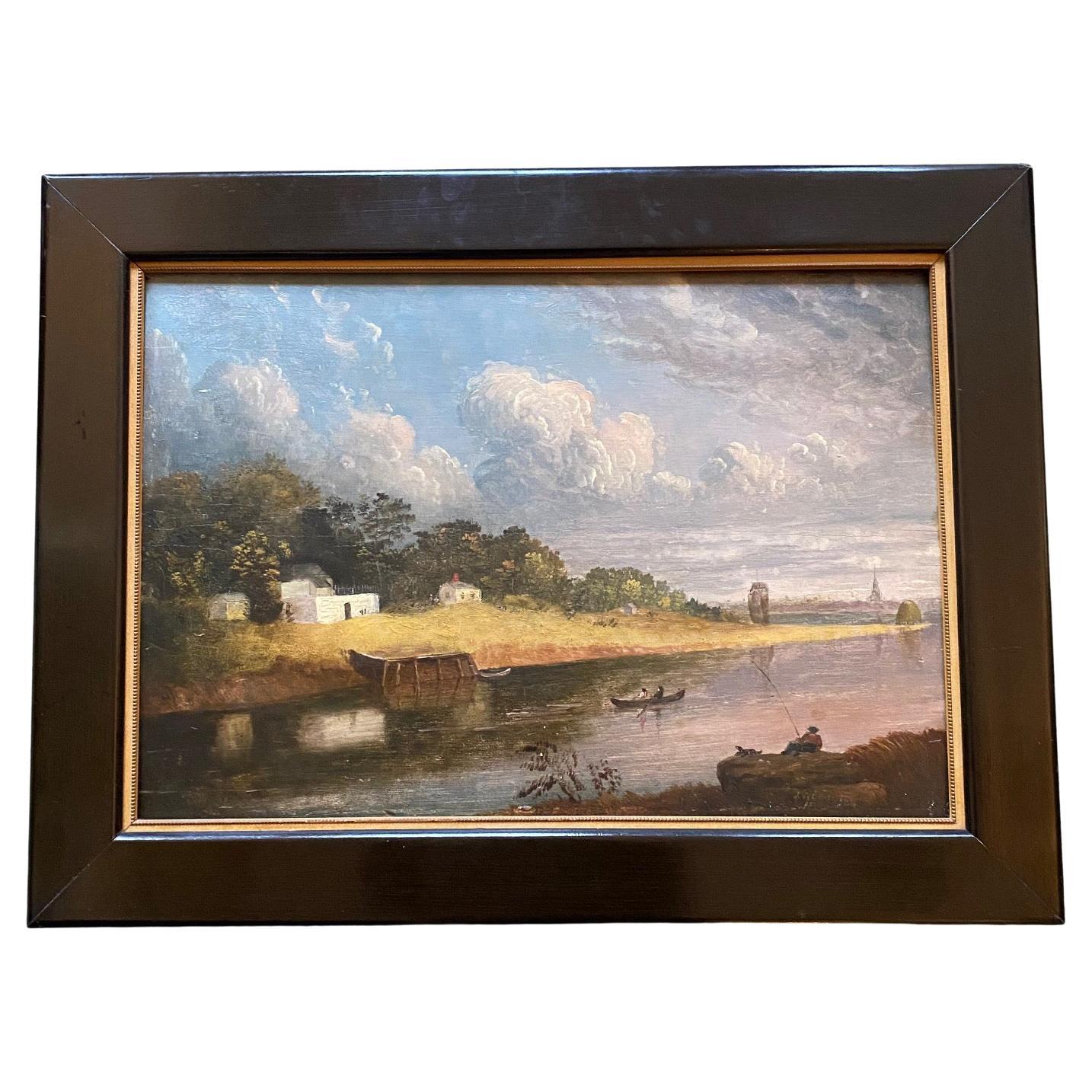 Early 19th Century Boston Charles River Landscape Painting by J. Wolcott, 18_9 For Sale