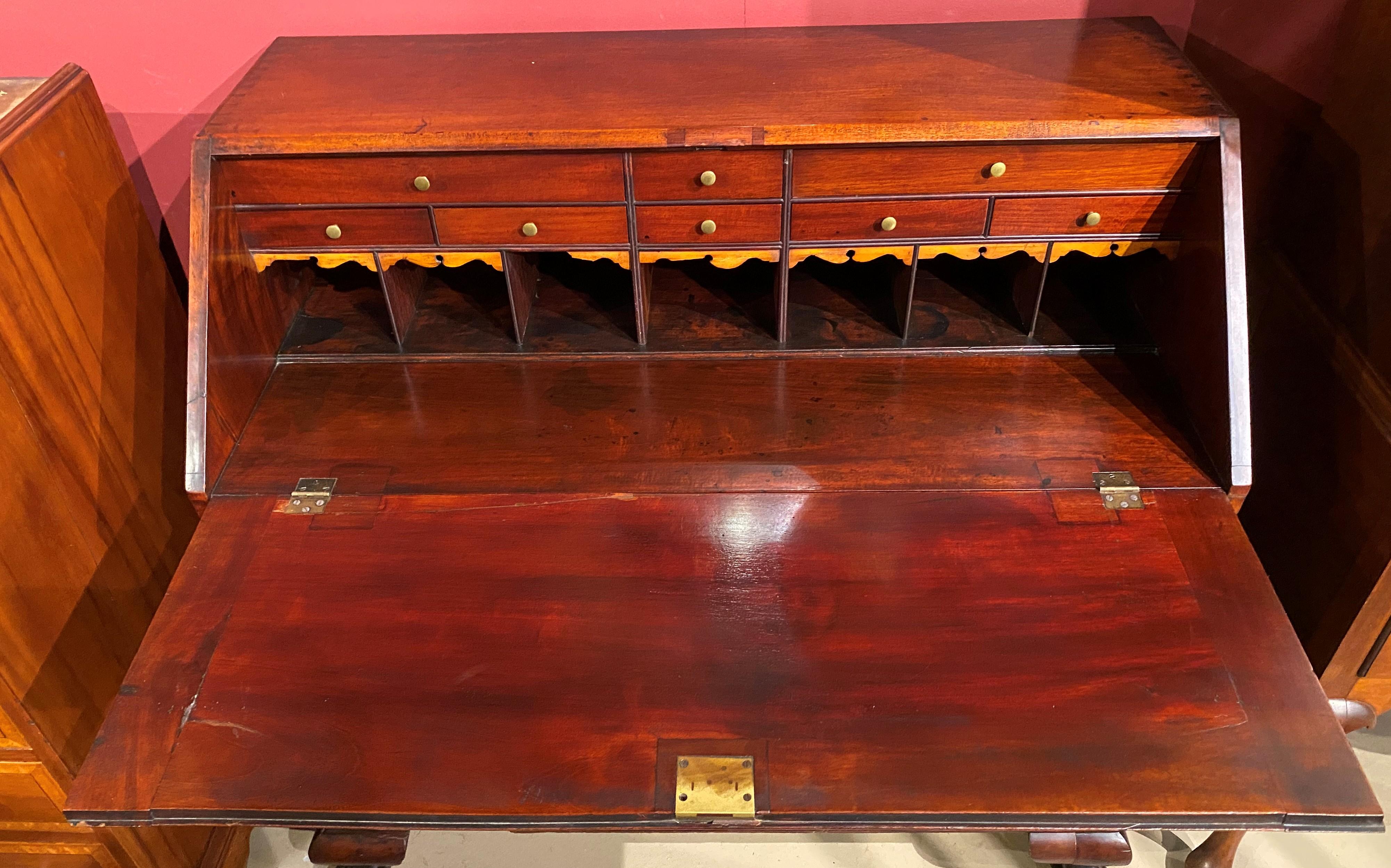 Hand-Carved 18th Century Boston Chippendale Mahogany Slant Front Desk with Ball & Claw Feet
