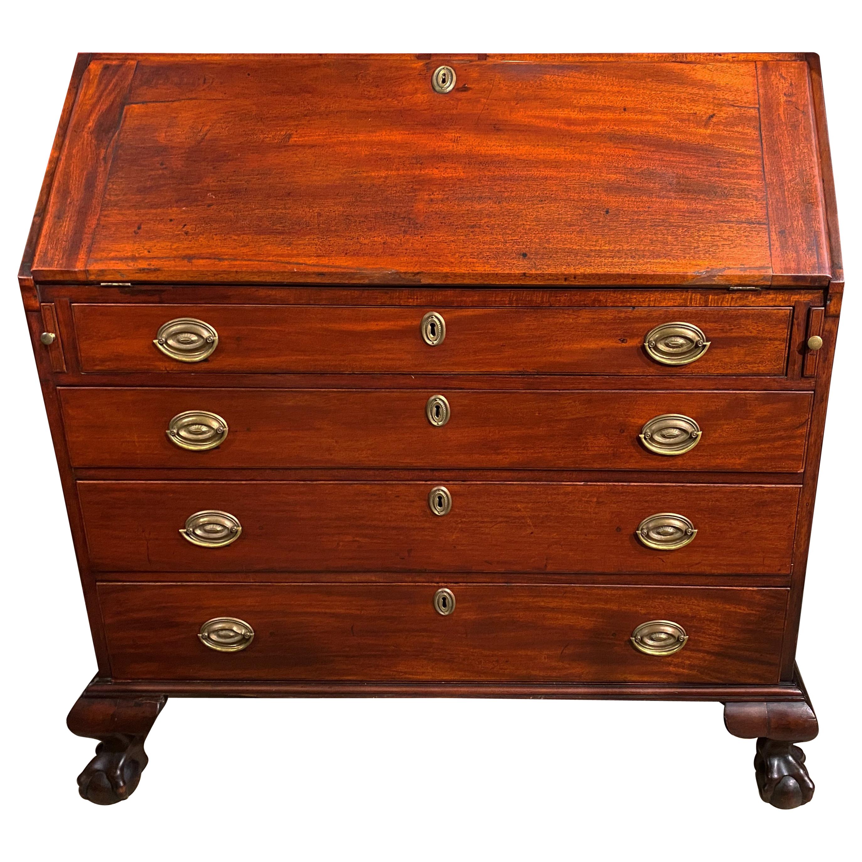 18th Century Boston Chippendale Mahogany Slant Front Desk with Ball & Claw Feet