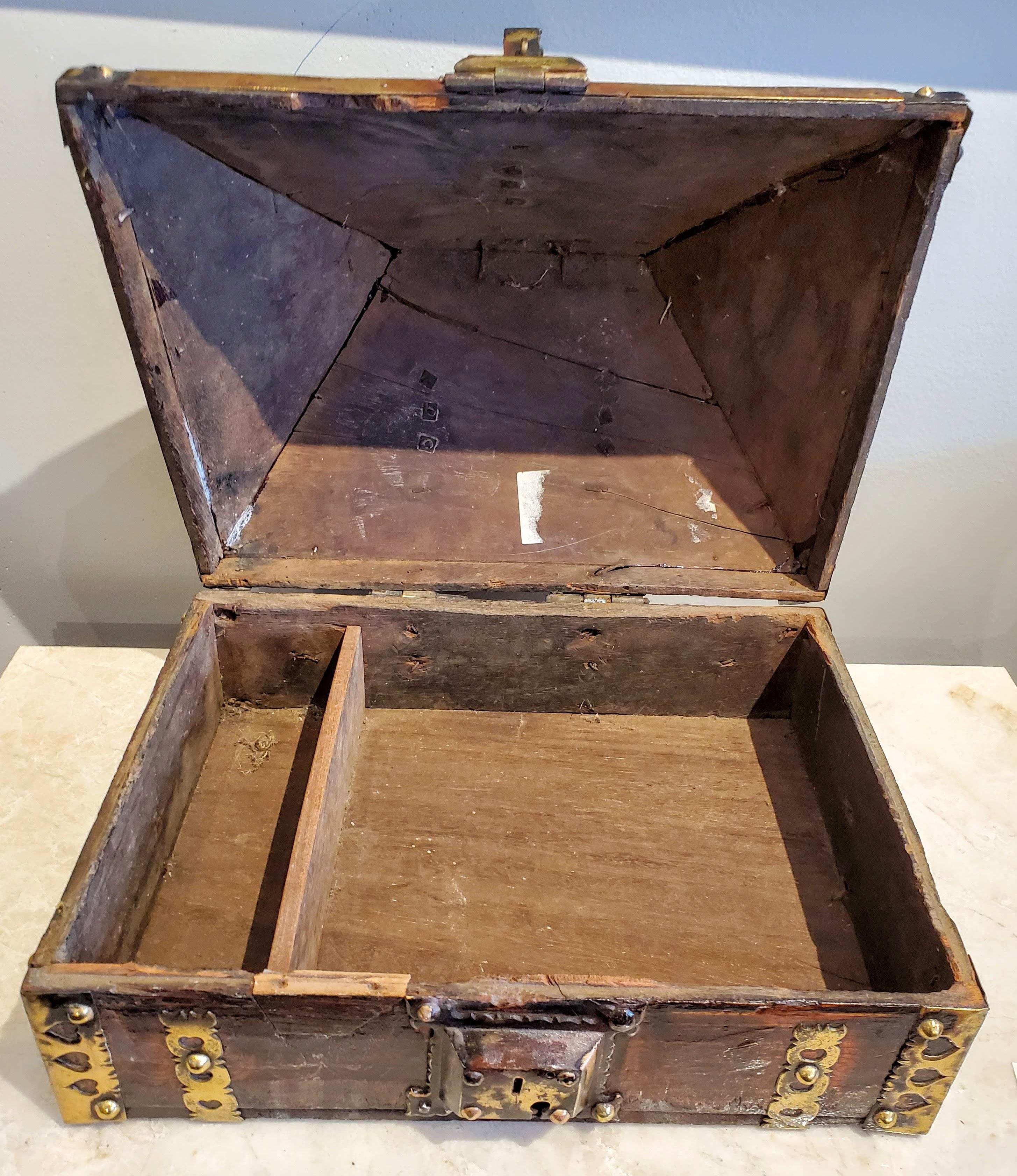 Late 18th Century Lacquered Teak with Decorative Brass Indian Dowry Box For Sale 3