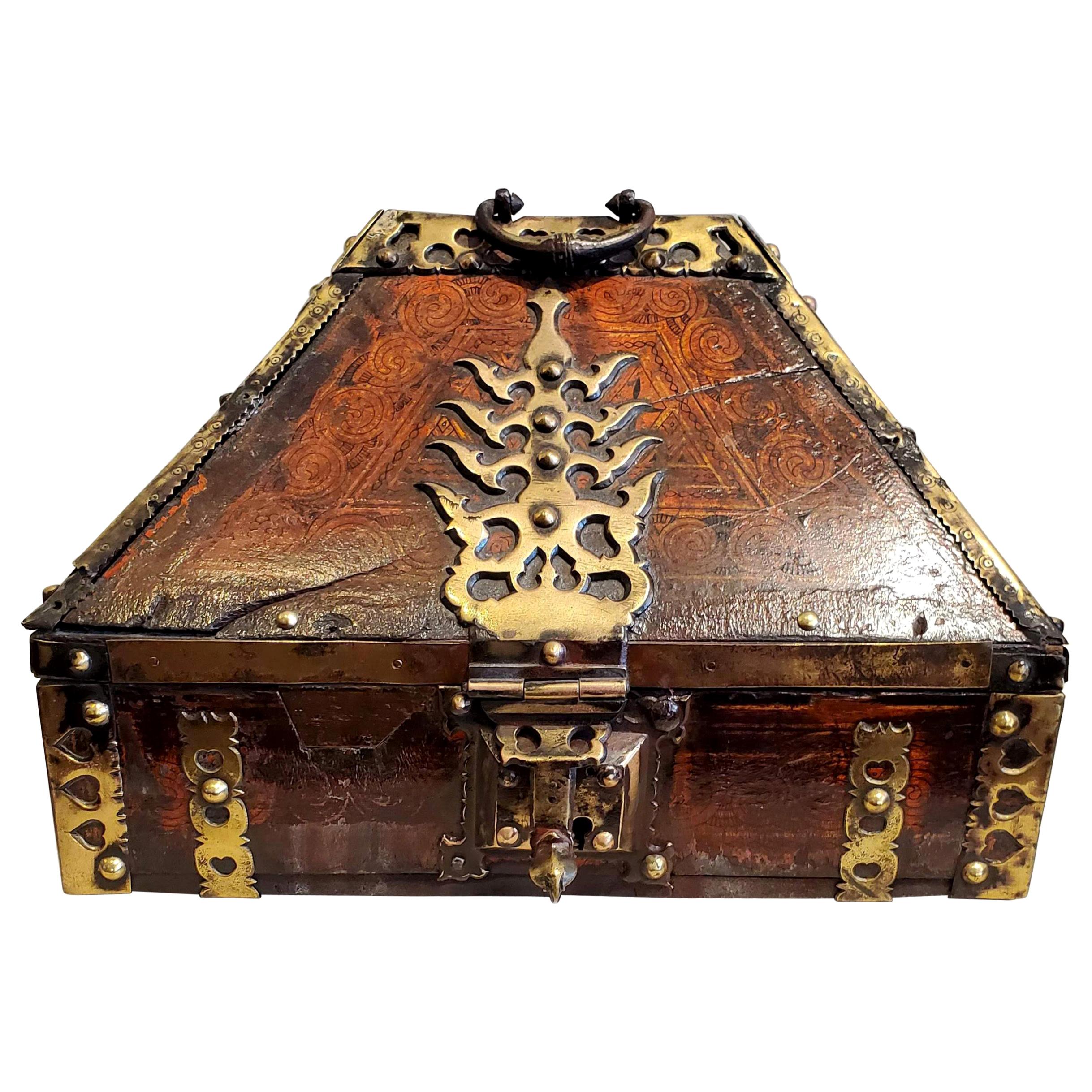 Late 18th Century Lacquered Teak with Decorative Brass Indian Dowry Box For Sale