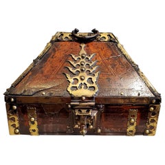 Antique Late 18th Century Lacquered Teak with Decorative Brass Indian Dowry Box