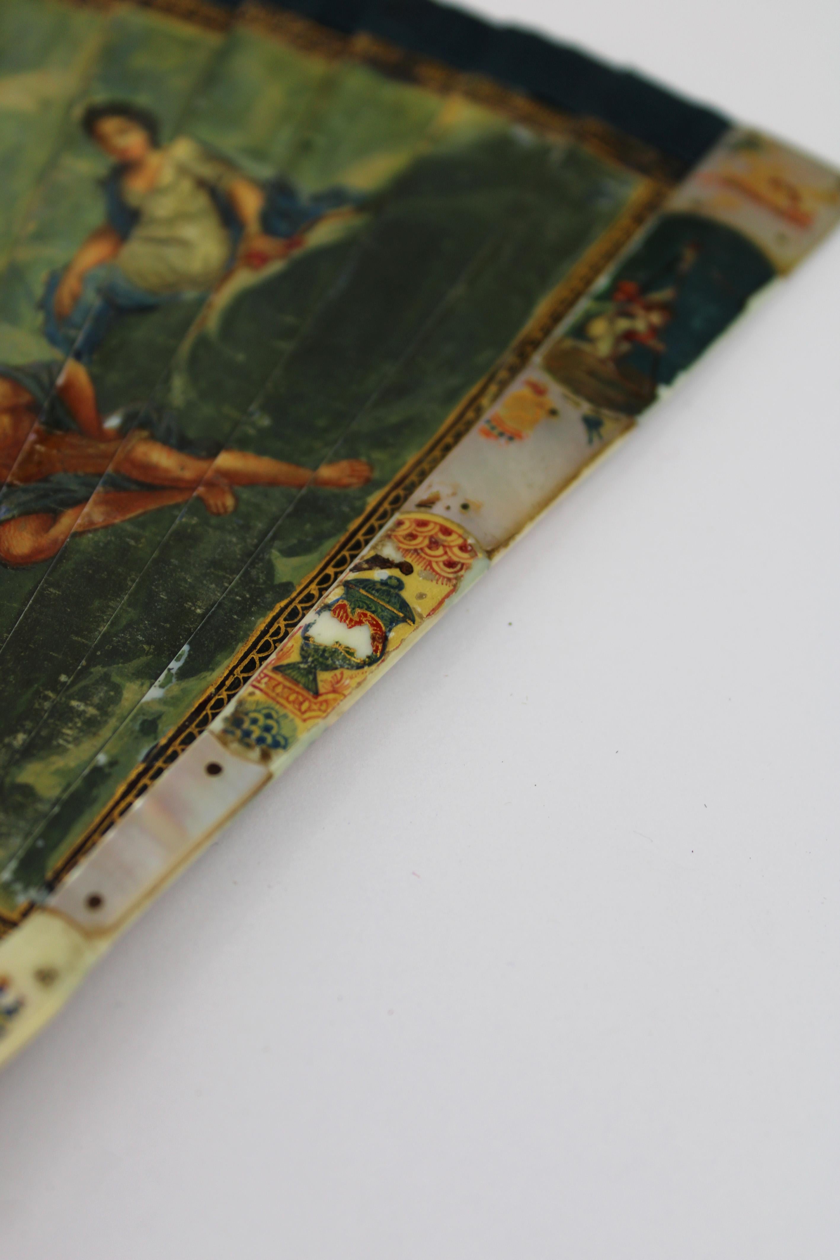 18th Century Brisé Fan Vernis Martin Handpainted Mount Olympus Bone Nacre France For Sale 6