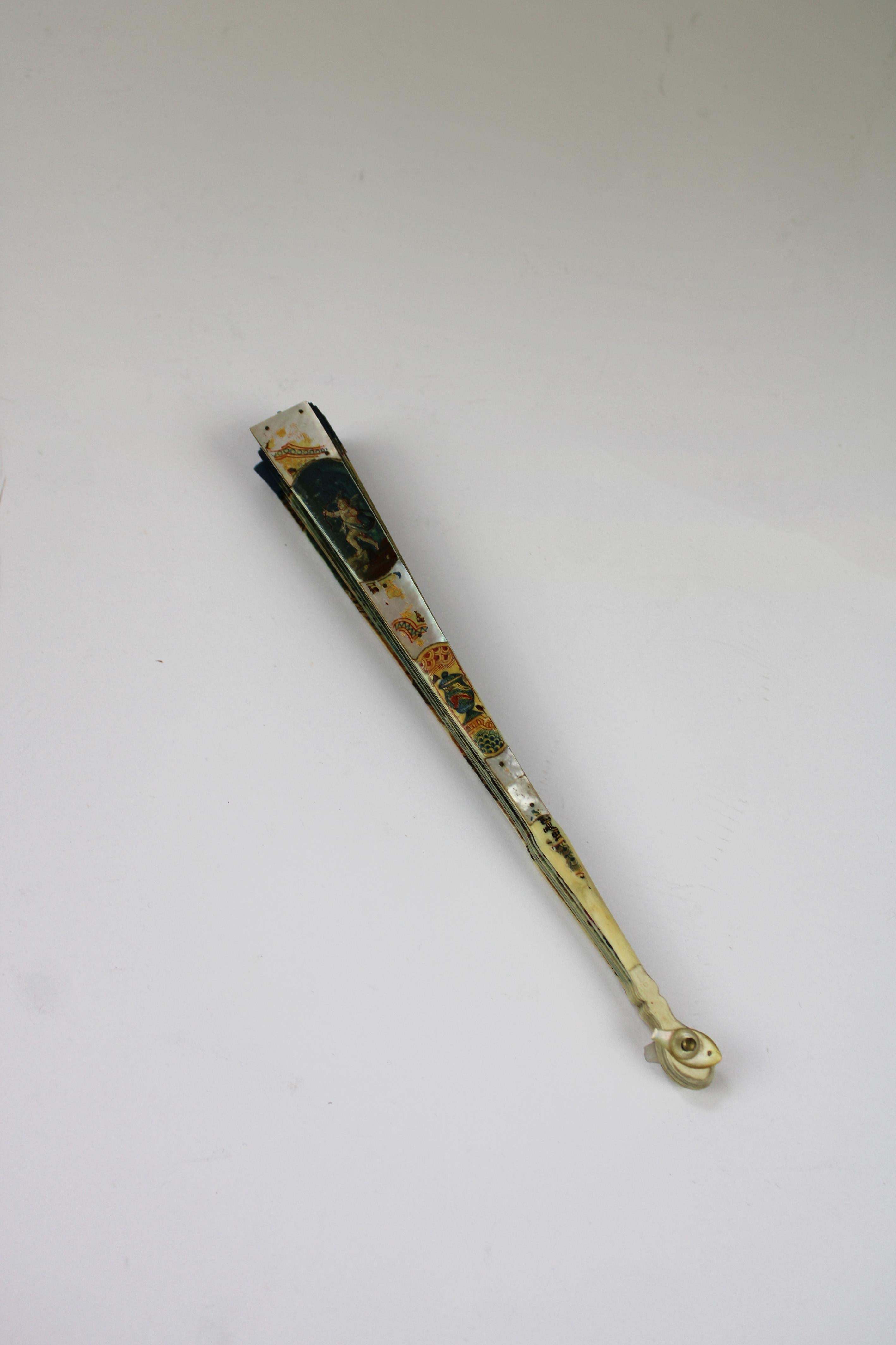 18th Century Brisé Fan Vernis Martin Handpainted Mount Olympus Bone Nacre France For Sale 13