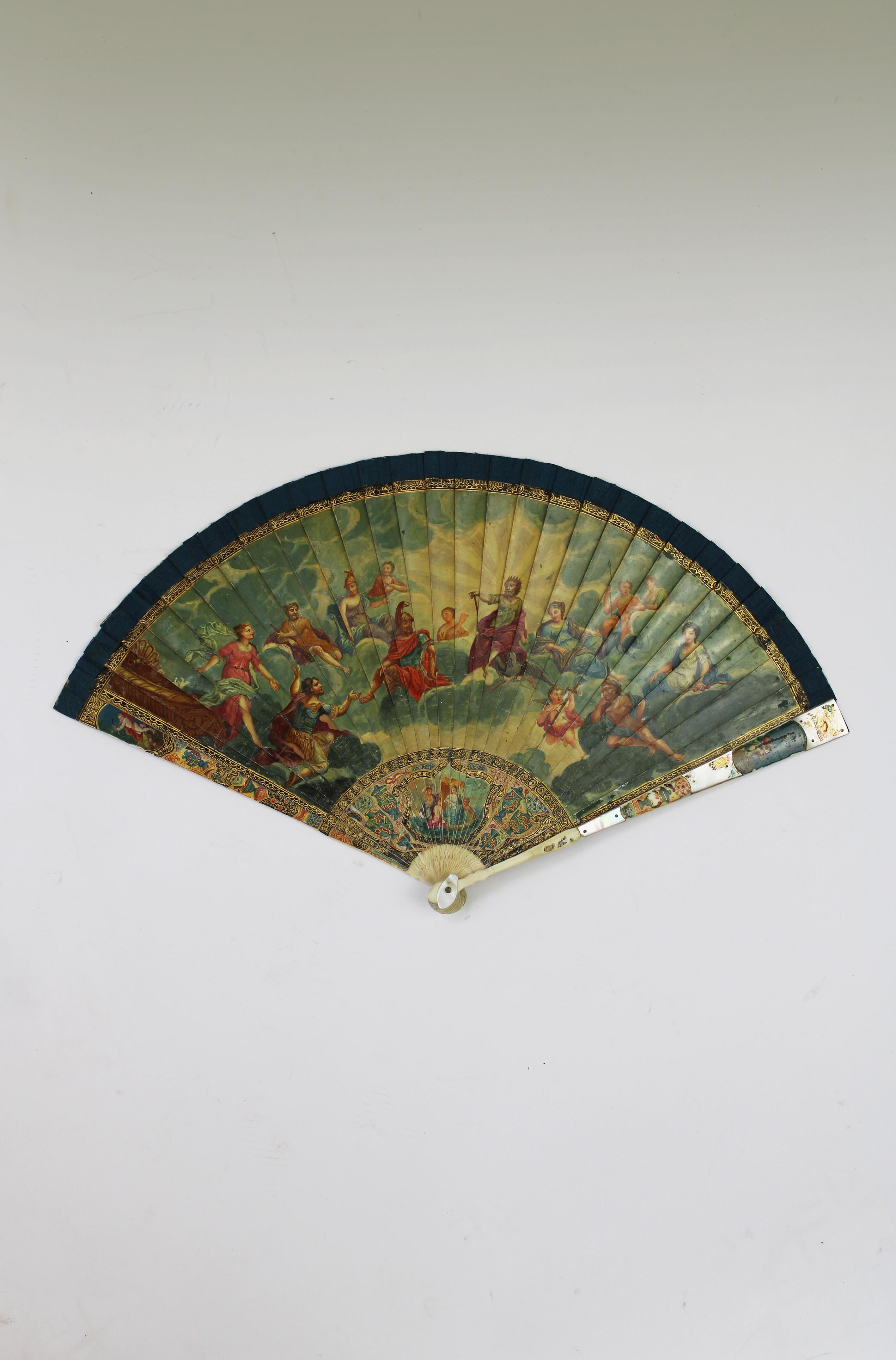 Louis XV 18th Century Brisé Fan Vernis Martin Handpainted Mount Olympus Bone Nacre France For Sale