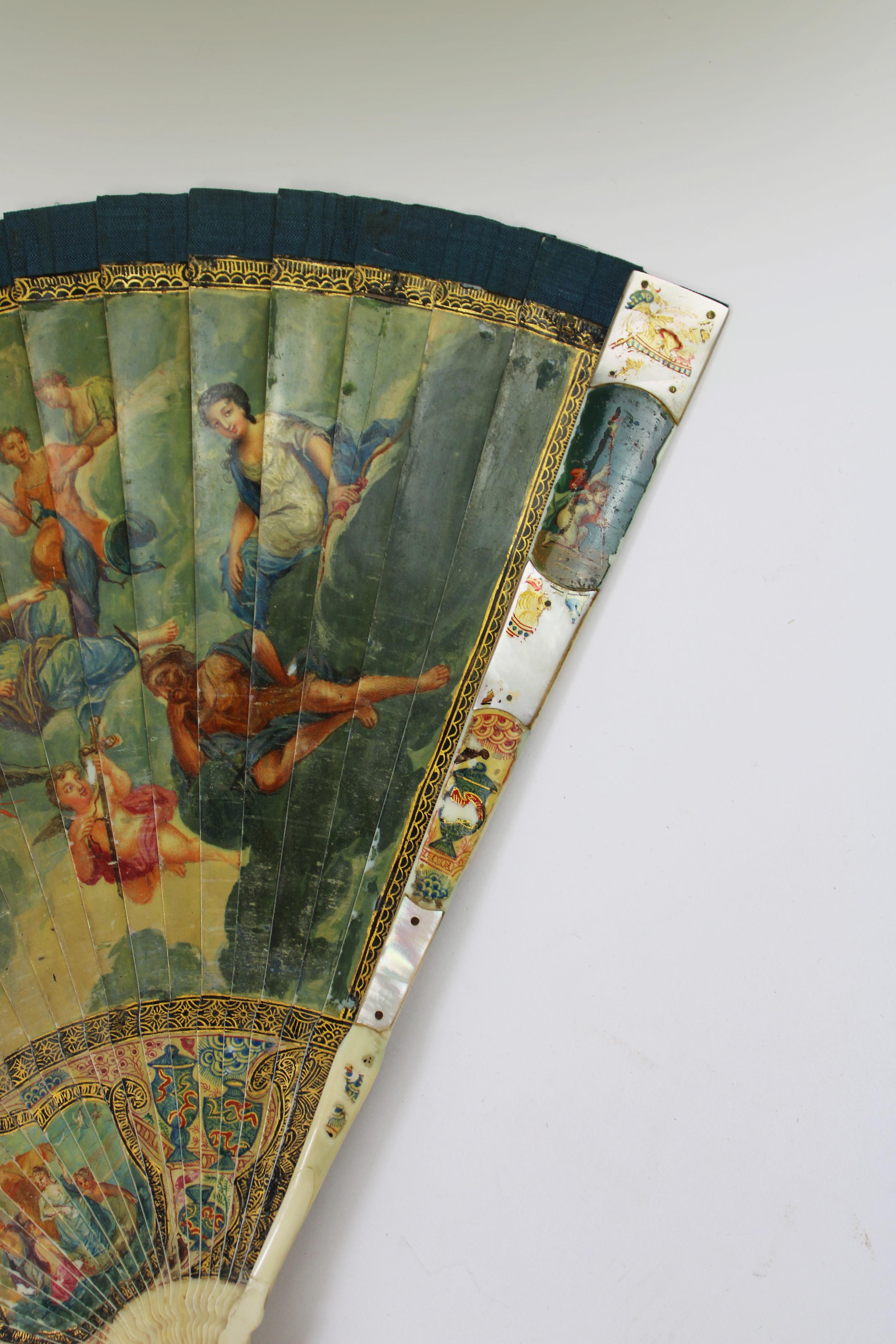 Hand-Crafted 18th Century Brisé Fan Vernis Martin Handpainted Mount Olympus Bone Nacre France For Sale